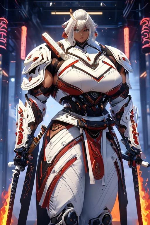 ((((Massive, beautiful, buff, muscular light brown skinned female samurai with white hair, black lipstick, ginormous bulky muscles, holding a white fire sword and wearing an all white cyber samurai armor with pants)))), {close view}, black eyeliner, massive muscles, large breast, massive biceps, hyper muscle triceps, (long straight hair), blue eyes, samurai boots, In a futuristic city, sleeveless, steel samurai armor, nighttime, closed smile, hyper muscles arms, hyper muscle legs, ginormous arms