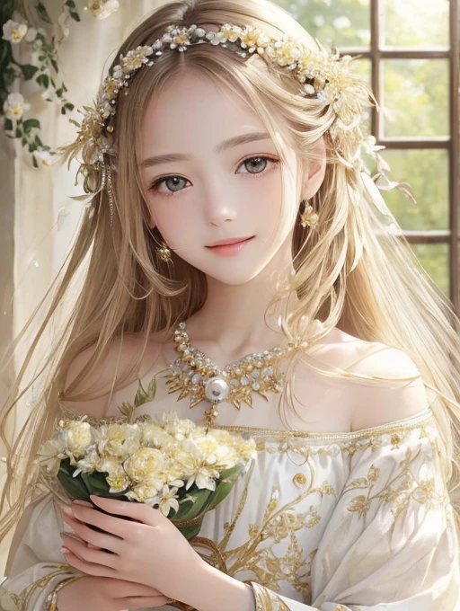 (masterpiece、highest quality、highest quality、Beautiful and beautiful:1.2)、(Excellent anatomy:1.5)、Focus on the eyes、Soft Light、Milky-haired girl、Bodysuits、Adorable smile、Eyes on You、Diffuse reflection of light、earth light,Flowers of the Earth,Beautiful graphics,Super detailed