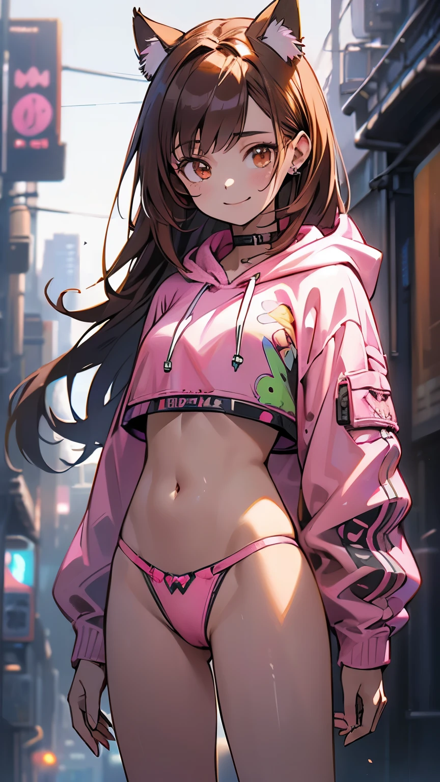 (highest quality, 4k, High resolution, masterpiece:1.2), Super detailed, (anime style, photorealistic:1.37), cinematic light, Bright colors and mesmerizing effects, Soft and delicate lighting, gentle shine, Beautiful and gentle atmosphere throughout the scene, (1girl:1.5), joven, (Cara finamente detallada:1.4, Ropa detallada), (Detallado:1.4) named (Eimi Fukada:1.1) BREAK Cara hermosa, Profundidad de campo, Agregar capa, 27 years old, Modelo de cuerpo perfecto, senos perfectos, 175cm de altura, pose sexy, full body, cuerpo completo, Tipo de cuerpo del modelo, BREAK (pink crop top hoodie:1.5), (tiny thong, thong intricate:1.4), (Cabello largo:1.3), (brunette:1.1), dark brown hair, doble parpado, (reddish brown eyes:1.5) BREAK blush, long hair, nijistyle, smile, (alley background big stones), (cowboy shot:1.3), cyber_style_girl, (cyberpunk:1.3), cute cat ears