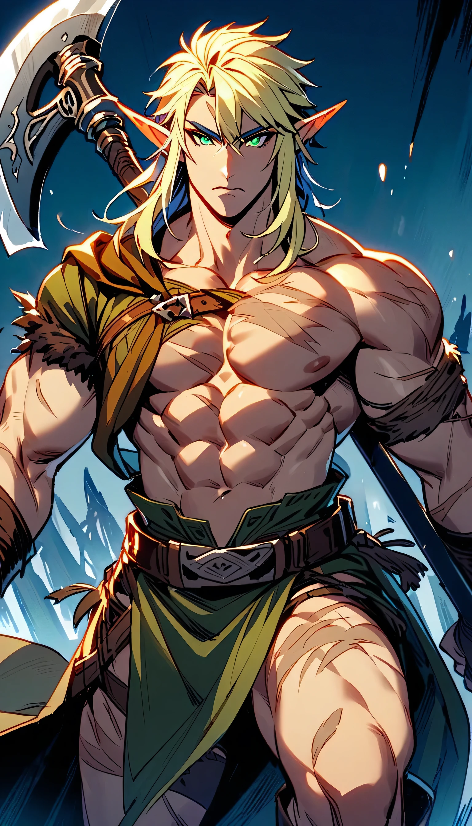 A male high elf barbarian. The high elf should be a man with blonde hair and green eyes. The elf should have a muscular body with scars. The elf should have a powerful axe and a barbarion outfit.