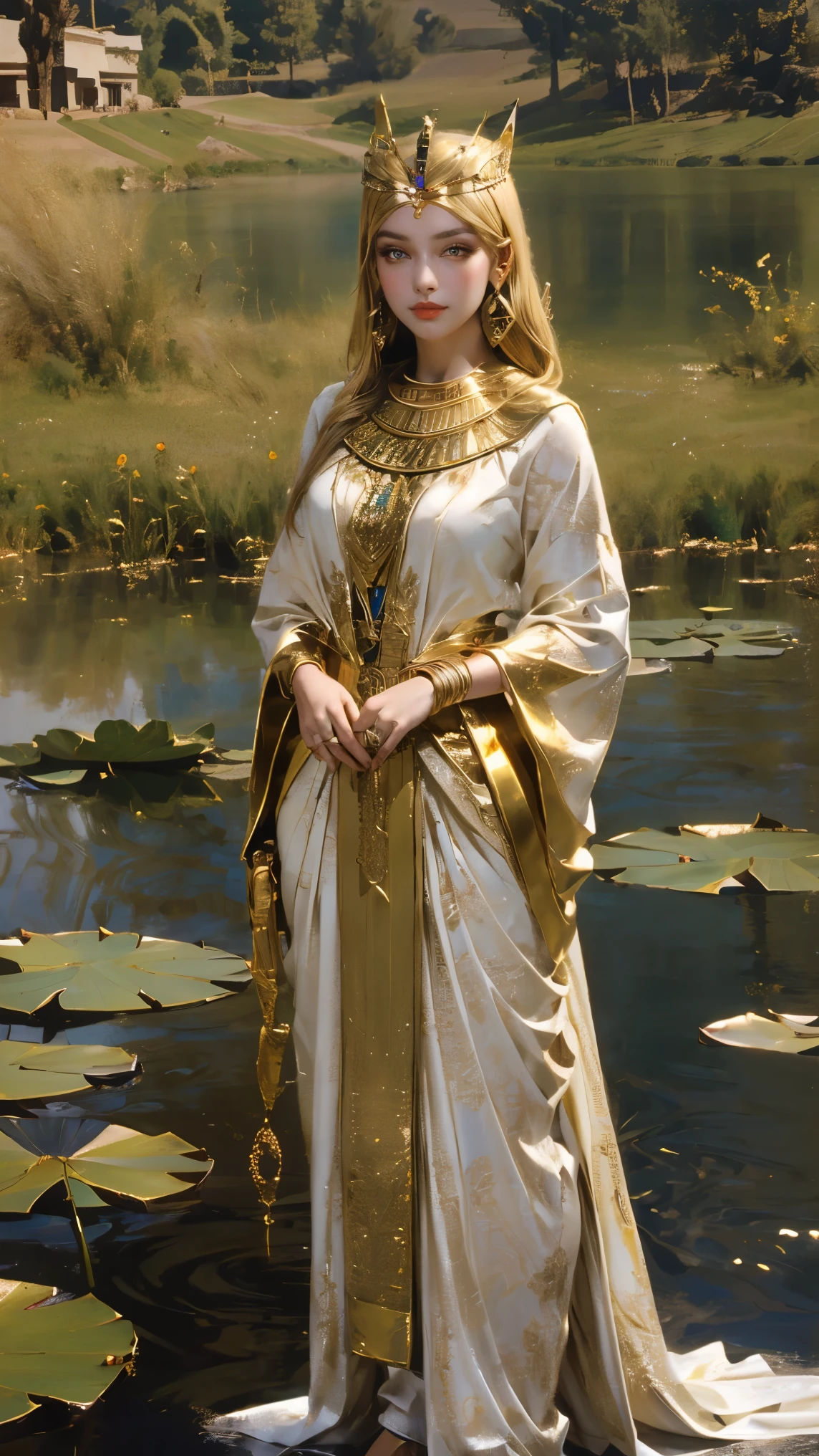 1 Girl,Blonde Hair,straight blonde hair,Egyptian clothing,Egyptian Dress Up,Egyptian Queen,Welcome,Young girls,Emerald eyes,Exquisite eyes,beautiful脸庞,Stand by the lotus pond,Detailed CG,image,beautiful,Smooth and fair skin,Ultra high quality,Egyptian Eyeliner,Egypt Baotou