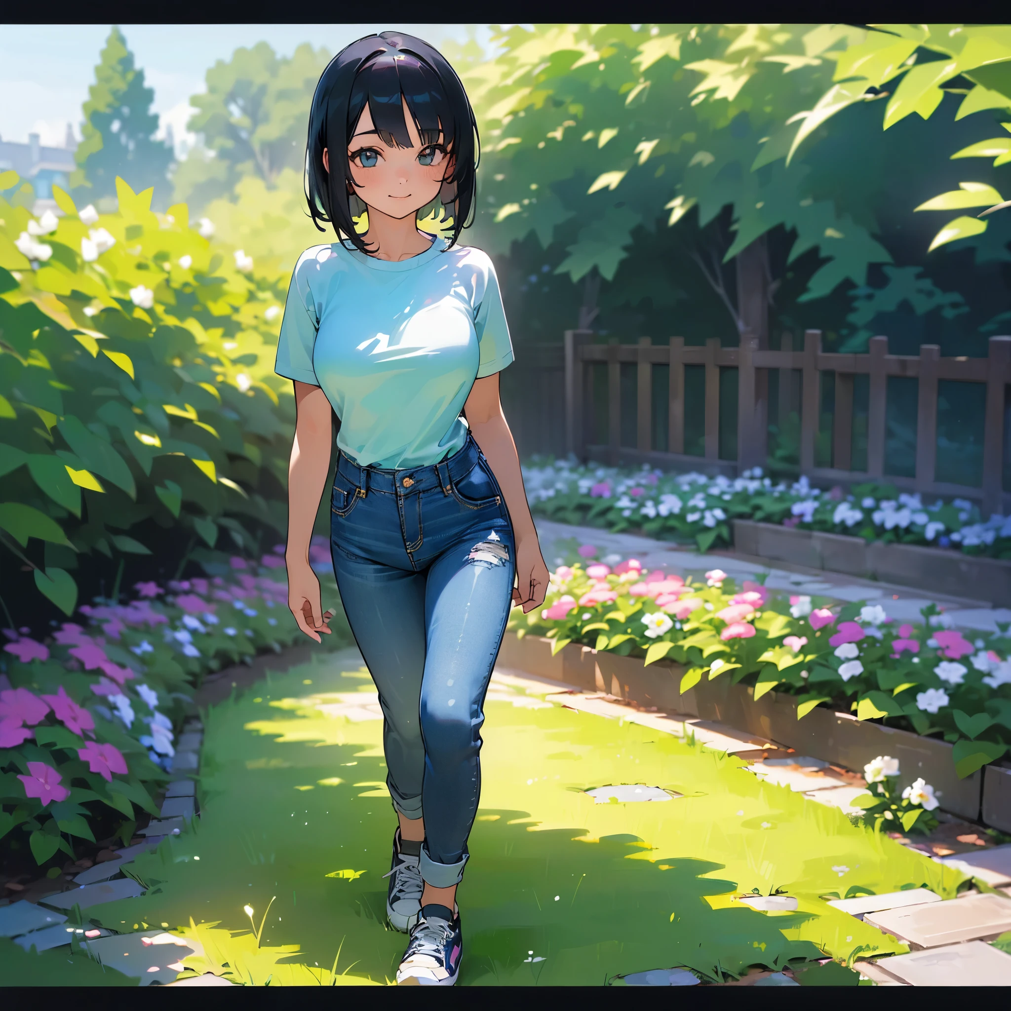 (high quality, High resolution, Very detailed, reality:1.37), Peaceful atmosphere, (Outdoor, garden),  girl standing alone, (my breasts are big.), Beautiful details, Cute Smile, (Black bob hair), Short sleeve shirt, Denim pants, Blue socks, sneakers.