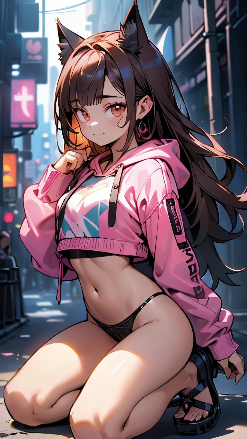 (highest quality, 4k, High resolution, masterpiece:1.2), Super detailed, (anime style, photorealistic:1.37), cinematic light, Bright colors and mesmerizing effects, Soft and delicate lighting, gentle shine, Beautiful and gentle atmosphere throughout the scene, (1girl:1.5), joven, (Cara finamente detallada:1.4, Ropa detallada), (Detallado:1.4) named (Eimi Fukada:1.1) BREAK Cara hermosa, Profundidad de campo, Agregar capa, 27 years old, Modelo de cuerpo perfecto, senos perfectos, 175cm de altura, pose sexy, full body, cuerpo completo, Tipo de cuerpo del modelo, BREAK (pink crop top hoodie:1.5), (black tiny thong, thong intricate:1.4), (Cabello largo:1.3), (brunette:1.1), dark brown hair, doble parpado, (reddish brown eyes:1.5) BREAK blush, long hair, nijistyle, smile, (alley background big stones), (cowboy shot:1.3), cyber_style_girl, (cyberpunk:1.3), cute cat ears, kneeling