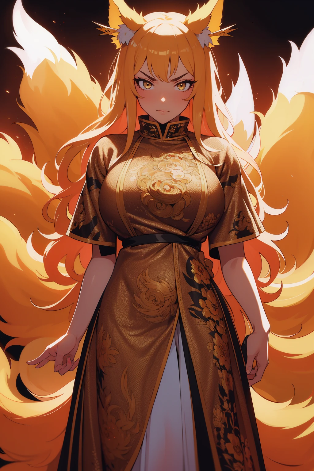 REALISTIC VISION 1.4, BETTER VAE,sharp focus, ultra detail, 32k,realistic photo, intricate details, kitsune, blond hair, (blond hair), gold eyes, intricate details ,woman, nine tails, intricate details,intricate details,big , Voluptuous body, intricate details, Miko, clothes long white dress with red details intricate details, tattoos intricate details, full body,  with a orange nine tails fox , kiuubi (kurama, naruto), angry face, 