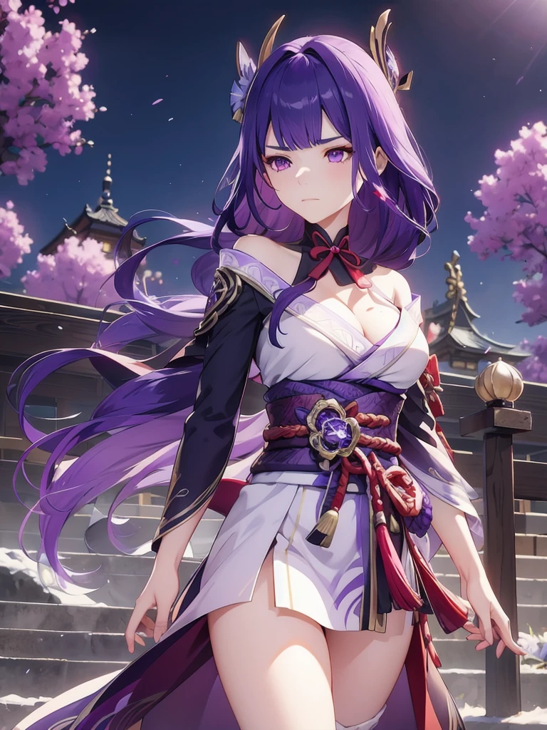 shogun, 1girl, solo, long hair, looking at viewer, hair ornament, thighhighs, long sleeves, ribbon, holding, cleavage, closed mouth, purple eyes, weapon, purple hair, braid, flower, japanese clothes, sword, wide sleeves, kimono, holding weapon, armor, mole, blurry, sash, mole under eye, holding sword, obi, shoulder armor, tassel, bridal gauntlets, stairs, purple flower, vision (genshin impact), obijime, tomoe (symbol), obiage, mitsudomoe (shape)