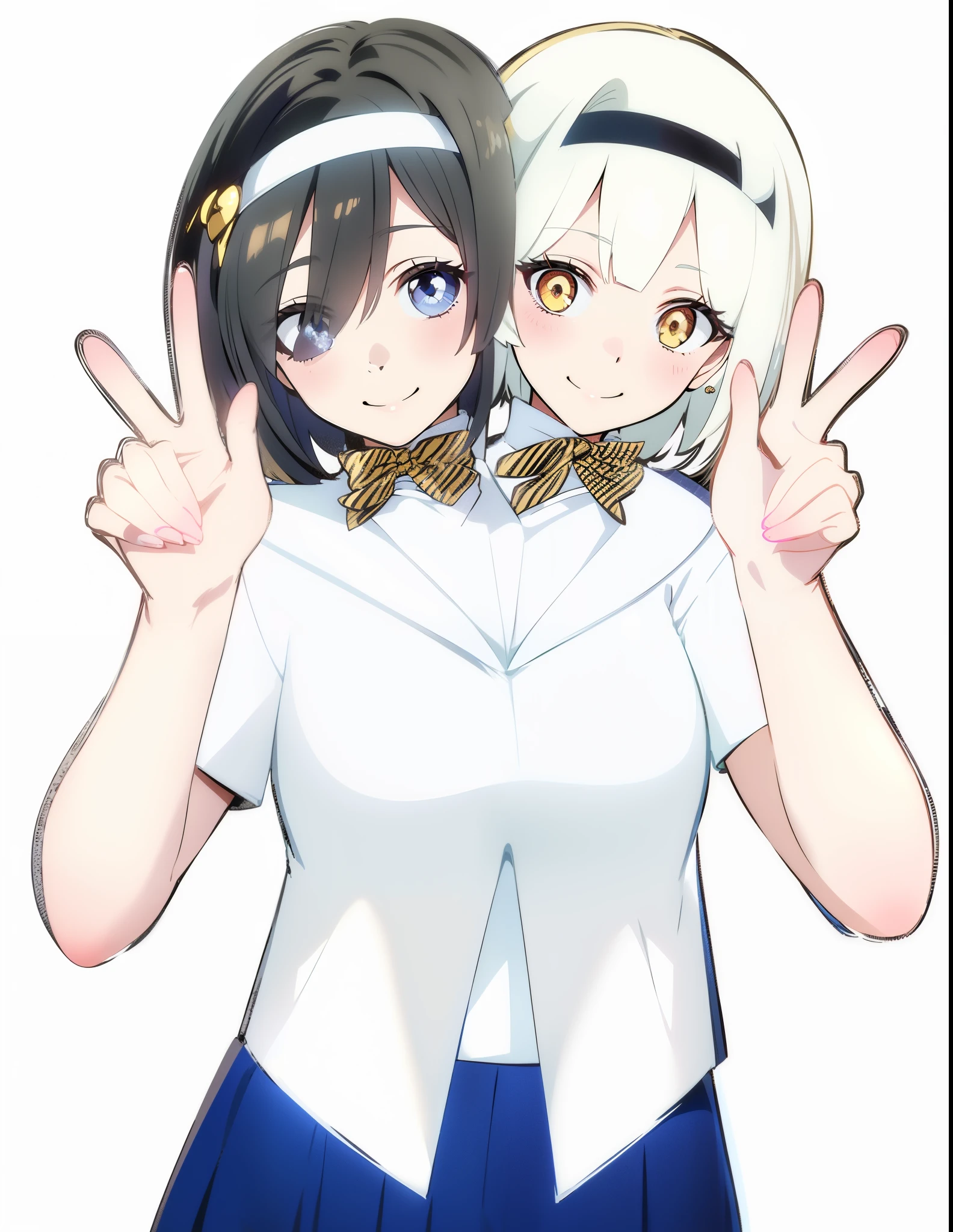 (masterpiece),best quality:1.5, ultra-detailed, high resolution, high quality, 16K, ((2heads:1.5)), ((black hair)), ((white hair)), (different hair colors), (1girl), conjoined twins, ((white seifuku uniform:1.5)), bow ties, outer jacket, (mini skirt with pleats), classroom, (gold eyes), (silver eyes), (different eye colors), short hair, student blouse, headband, gentle smile, v sign