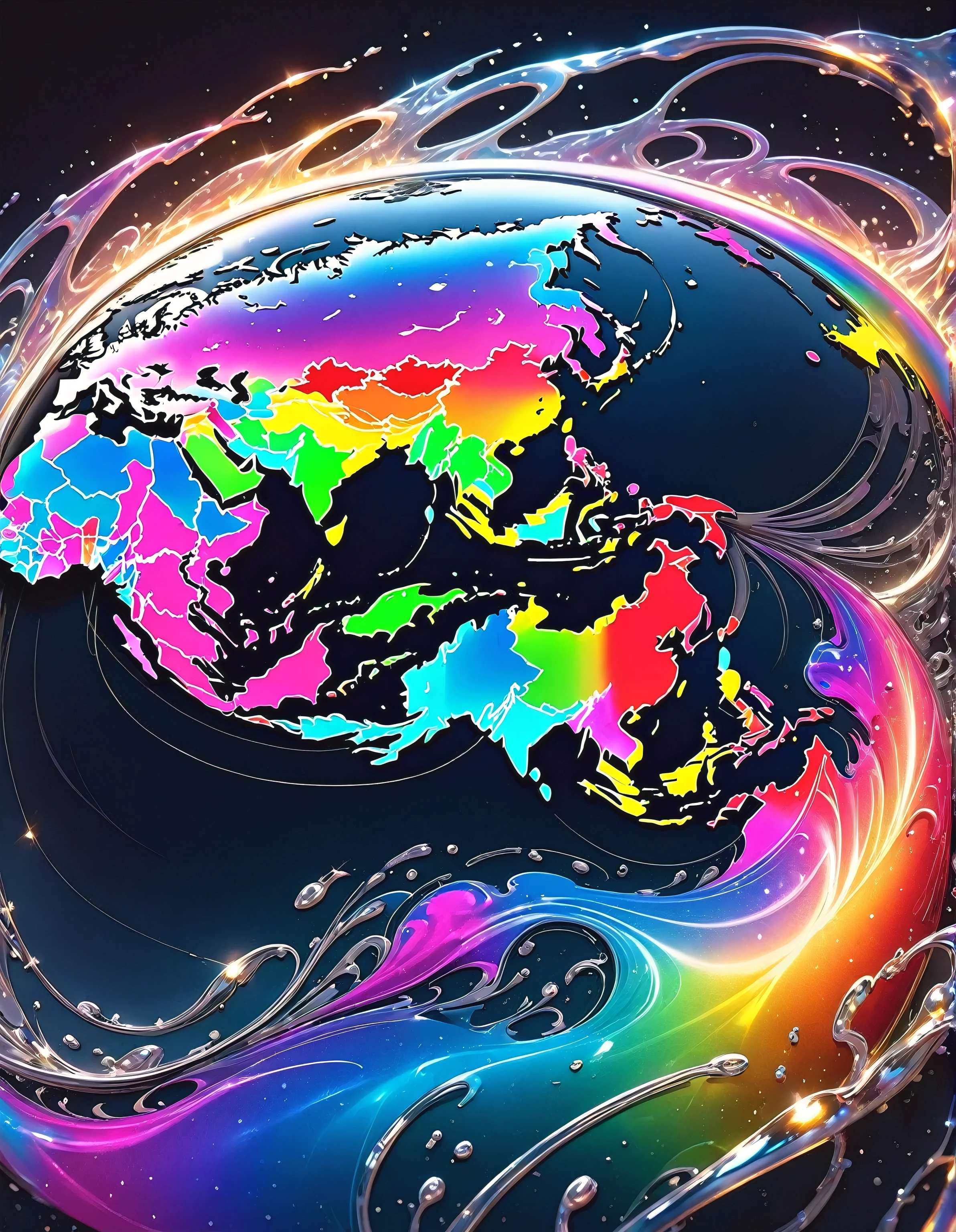 A world map drawn in liquid metal on a black background,Japan、The dark background highlights the beauty of the liquid metal,High quality black leather with silver liquid metal land pattern,Smooth and beautiful liquid metal,Shining in pale rainbow colors,Material,A scene where a magical silver liquid transforms into a map,Liquid-like smoothness,Metallic Desire,Metallic Color,Abstract,fluid,Mercury,magic,Dreamy,flash,very flash,colorful,Very detailed,Intricate details,Unbelievably absurd,highest quality,masterpiece,rendering,Unreal Engine,Perfect composition,Perfect color balance