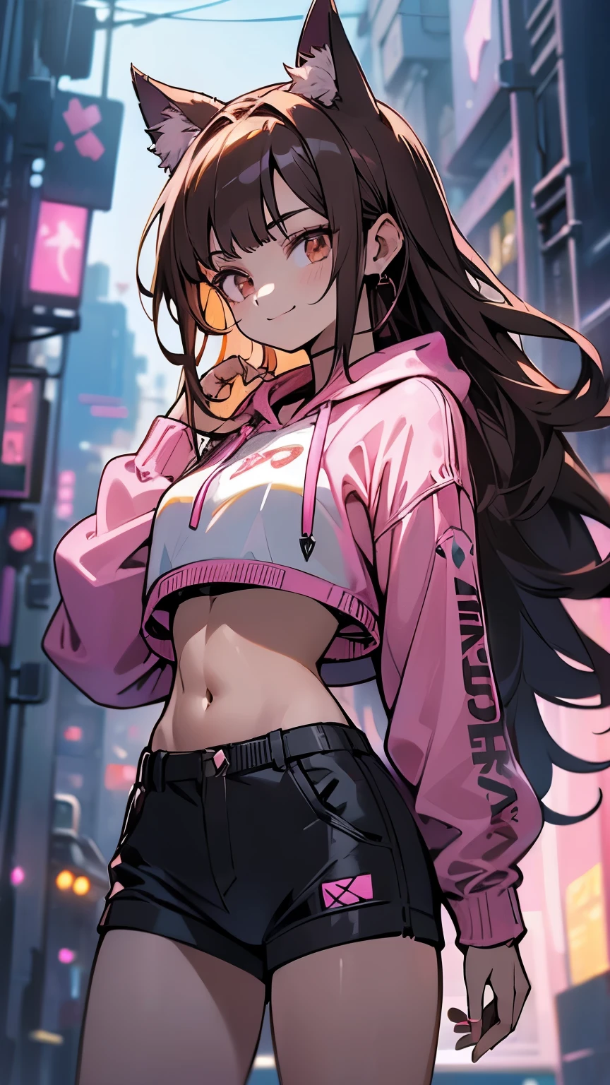 (highest quality, 4k, High resolution, masterpiece:1.2), Super detailed, (anime style, photorealistic:1.37), cinematic light, Bright colors and mesmerizing effects, Soft and delicate lighting, gentle shine, Beautiful and gentle atmosphere throughout the scene, (1girl:1.5), joven, (Cara finamente detallada:1.4, Ropa detallada), (Detallado:1.4) named (Eimi Fukada:1.1) BREAK Cara hermosa, Profundidad de campo, Agregar capa, 27 years old, Modelo de cuerpo perfecto, senos perfectos, 175cm de altura, pose sexy, full body, cuerpo completo, Tipo de cuerpo del modelo, BREAK (pink crop top hoodie:1.5), (black tiny thong, thong intricate:1.4), (Cabello largo:1.3), (brunette:1.1), dark brown hair, doble parpado, (reddish brown eyes:1.5) BREAK blush, long hair, nijistyle, smile, (alley background big stones), (cowboy shot:1.3), cyber_style_girl, (cyberpunk:1.3), cute cat ears, standing