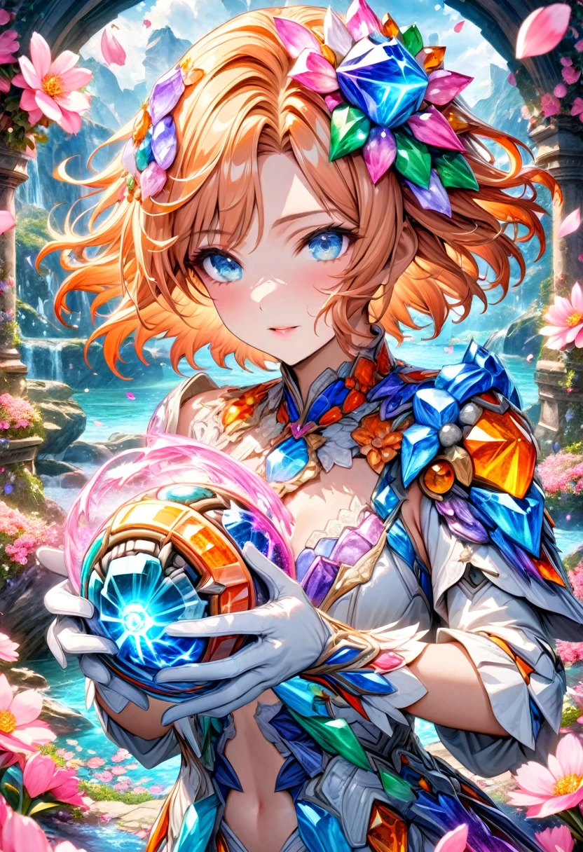 Ultra detailed, highres, absurdres, HDR, master piece, Mira Ferumin, orange short hair, expressive blue eyes, Bakugan New Vestroia, white short jacket, white long gloves, fantasy, petals, blossoms, pink flowers, water, woman, extremely beautiful, magic, best quality, extremely detailed face and eyes, solo