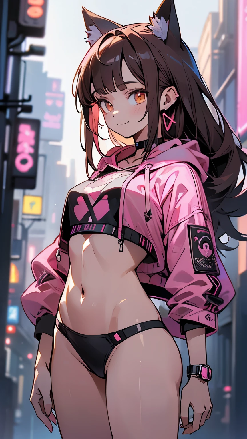 (highest quality, 4k, High resolution, masterpiece:1.2), Super detailed, (anime style, photorealistic:1.37), cinematic light, Bright colors and mesmerizing effects, Soft and delicate lighting, gentle shine, Beautiful and gentle atmosphere throughout the scene, (1girl:1.5), joven, (Cara finamente detallada:1.4, Ropa detallada), (Detallado:1.4) named (Eimi Fukada:1.1) BREAK Cara hermosa, Profundidad de campo, Agregar capa, 27 years old, Modelo de cuerpo perfecto, senos perfectos, 175cm de altura, pose sexy, full body, cuerpo completo, Tipo de cuerpo del modelo, BREAK (pink crop top hoodie:1.5), (black tiny thong, thong intricate:1.4), (Cabello largo:1.3), (brunette:1.1), dark brown hair, doble parpado, (reddish brown eyes:1.5) BREAK blush, long hair, nijistyle, smile, (alley background big stones), (cowboy shot:1.3), cyber_style_girl, (cyberpunk:1.3), cute cat ears, standing