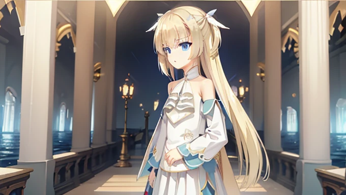 masterpiece,Highest quality,A dignified and elegant girl,Blonde hair and blue eyes,White tuxedo,God of Order,Light Shining on the Earth,The light of God,Temple of Order,Aurora,Void Phantom Mirror Broken,The Secret of Dominating All Worlds,Light and Dark Worlds,Full body picture,Holding the light and dark swords,The Judgment of the Undying Light