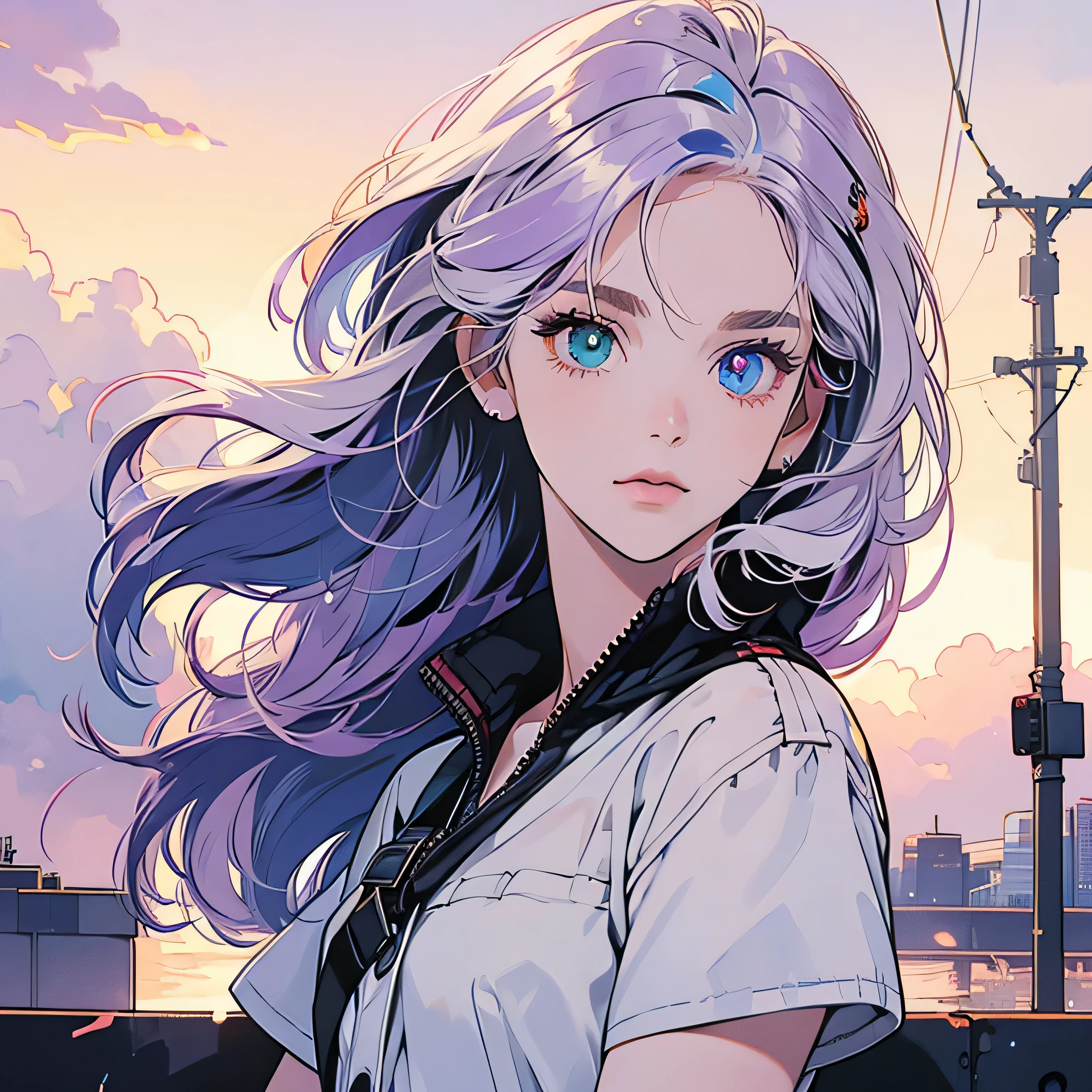 upper body, 1 woman, top quality, 8K, wind blowing, white short sleeves, sunset, future city, skyscraper, power lines, crosswalk, sign, railroad tracks, train station, (((shining eyes))), (((strong gaze))), light purple hair, detailed hair, complex background, detailed details, light lighting, backlight, dim, clouds in sky, Front,(((heterochromia)))