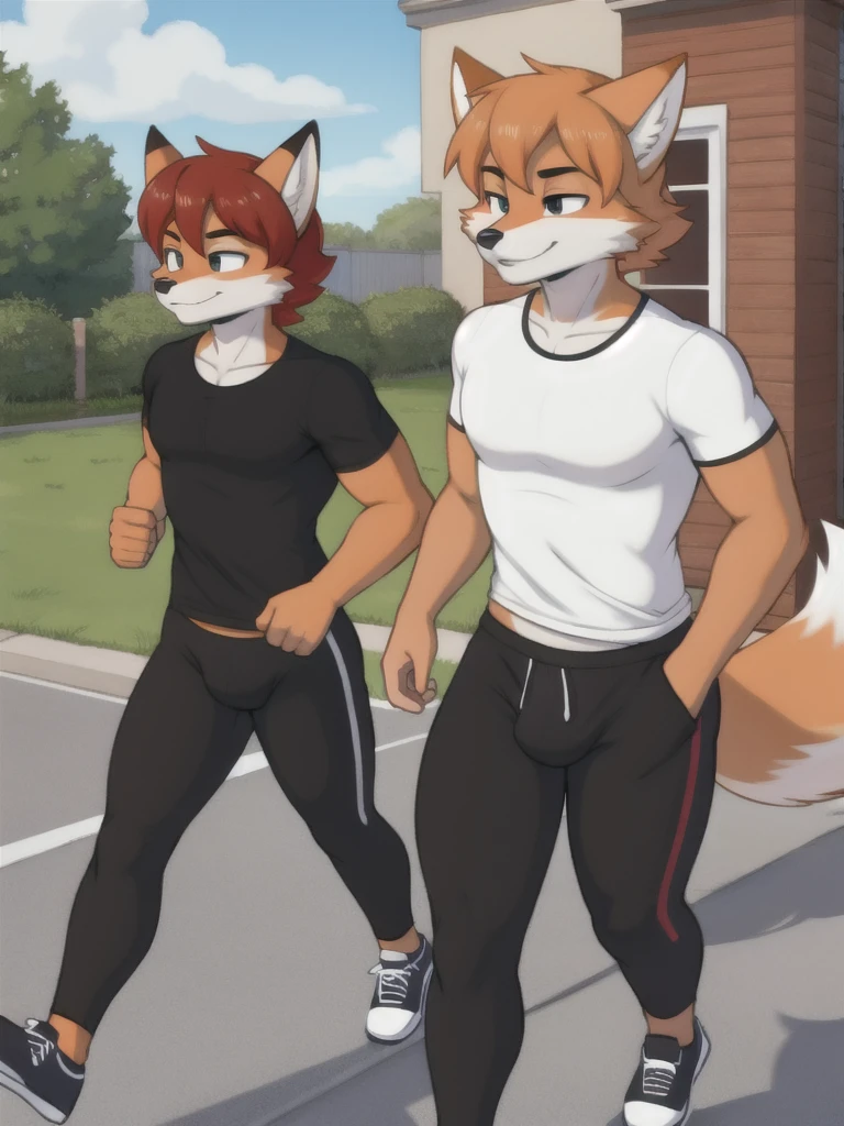 Furry, fox, male, twins, black leggings, white shirt, jogging outside the house, 