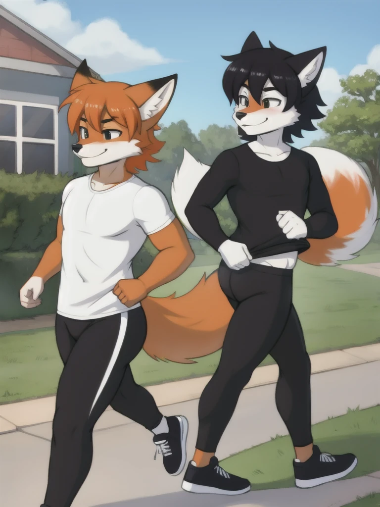 Furry, fox, male, twins, black leggings, white shirt, jogging outside the house, teen