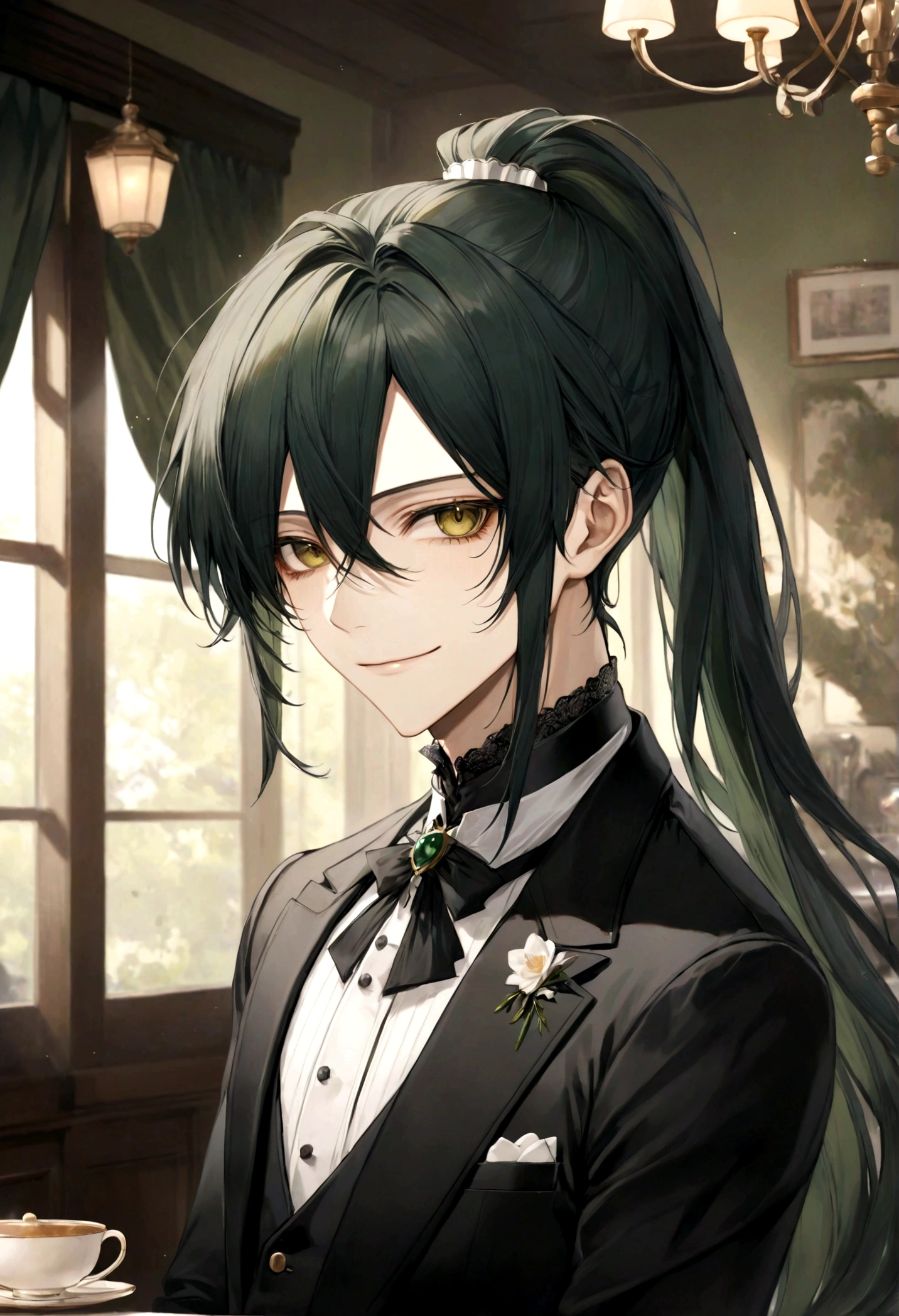 ((top-quality)), ((masterpiece)), ((ultra-detailliert)), (extremely delicate and beautiful), handsome man, dark green hair, long straight hair, high ponytail hairstyle, golden eyes, serene expression, graceful smile, wearing black butler suit, tearoom background