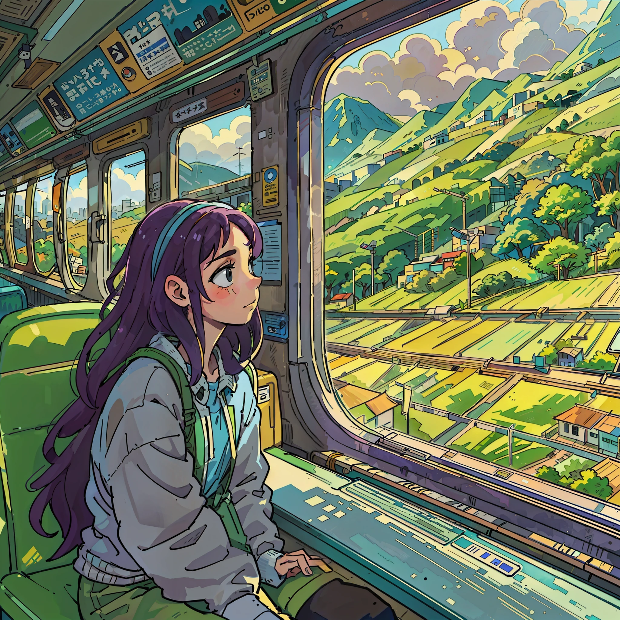 Someone is sitting on a train bench and looking out a window at the landscape passing by, Elogio Artstyle, Arte Lofi, lofi aesthetic, Lofi Sensation, Hip Hop Lofi, , Retrato Lofi, lo fi, arte lo-fi, vibe, badass vibes , cores , lofi girl aesthetic, Brazil, São Paulo, SP, city, banco do trem azul