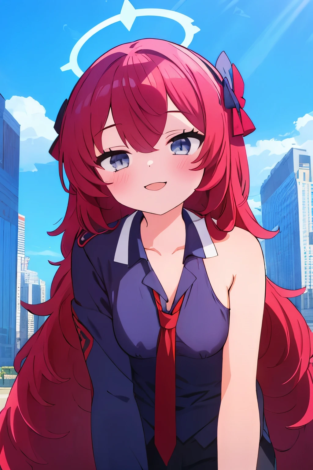 highest quality，High resolution，One girl, View Viewer, A Seductive Smile,  Upper Body, Iroha，((Small breasts))，（fluffy long hair）,  Halo, Red tie, Black shorts,Red hair,Grey Eyes，((Seductively narrowed eyes))，Outdoor，Blue Archive