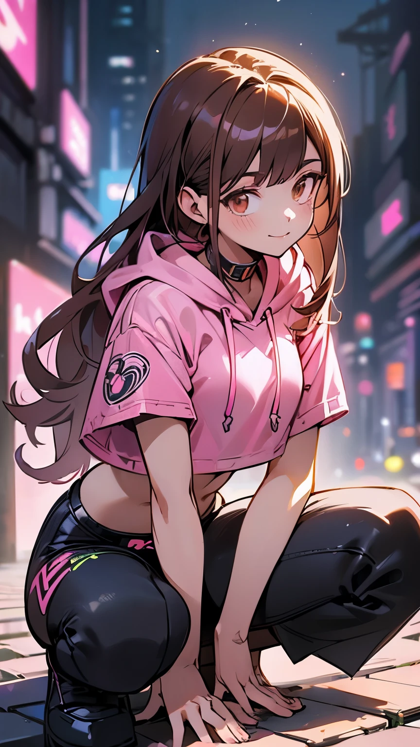 (highest quality, 4k, High resolution, masterpiece:1.2), Super detailed, (anime style, photorealistic:1.37), cinematic light, Bright colors and mesmerizing effects, Soft and delicate lighting, gentle shine, Beautiful and gentle atmosphere throughout the scene, (1girl:1.5), joven, (Cara finamente detallada:1.4, Ropa detallada), (Detallado:1.4) named (Eimi Fukada:1.1) BREAK Cara hermosa, Profundidad de campo, Agregar capa, 27 years old, Modelo de cuerpo perfecto, senos perfectos, 175cm de altura, pose sexy, full body, cuerpo completo, Tipo de cuerpo del modelo, BREAK (pink crop top hoodie:1.5), (naked:1.4), (Cabello largo:1.3), (brunette:1.1), dark brown hair, doble parpado, (reddish brown eyes:1.5) BREAK blush, long hair, nijistyle, smile, (alley background big stones), (cowboy shot:1.3), cyber_style_girl, (cyberpunk:1.3), cute cat ears, squatting