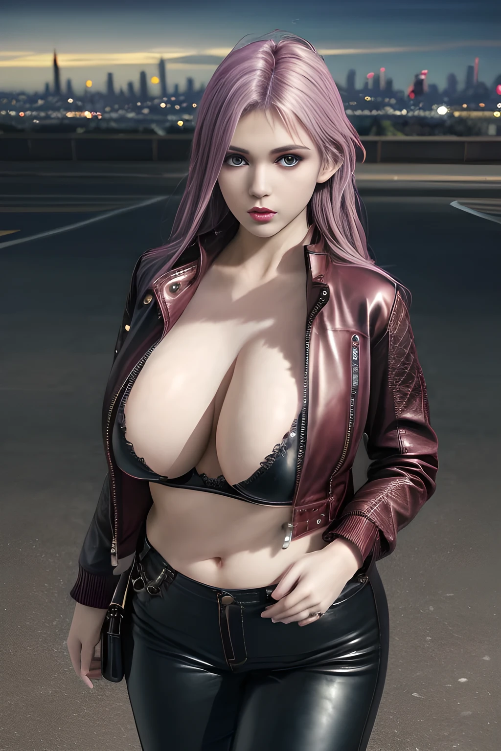 1 girl, bra, puffy leather jacket, leather pants, stylish outfit, bold, confident, edgy, rebellious, dramatic lighting, leather texture, urban background, huge breasts, standing pose, (best quality, 4k, 8k, high resolution, masterpiece: 1.2), ultra detailed, (realistic, photoreal, photoreal: 1.37), intense colors, city at night, elise,