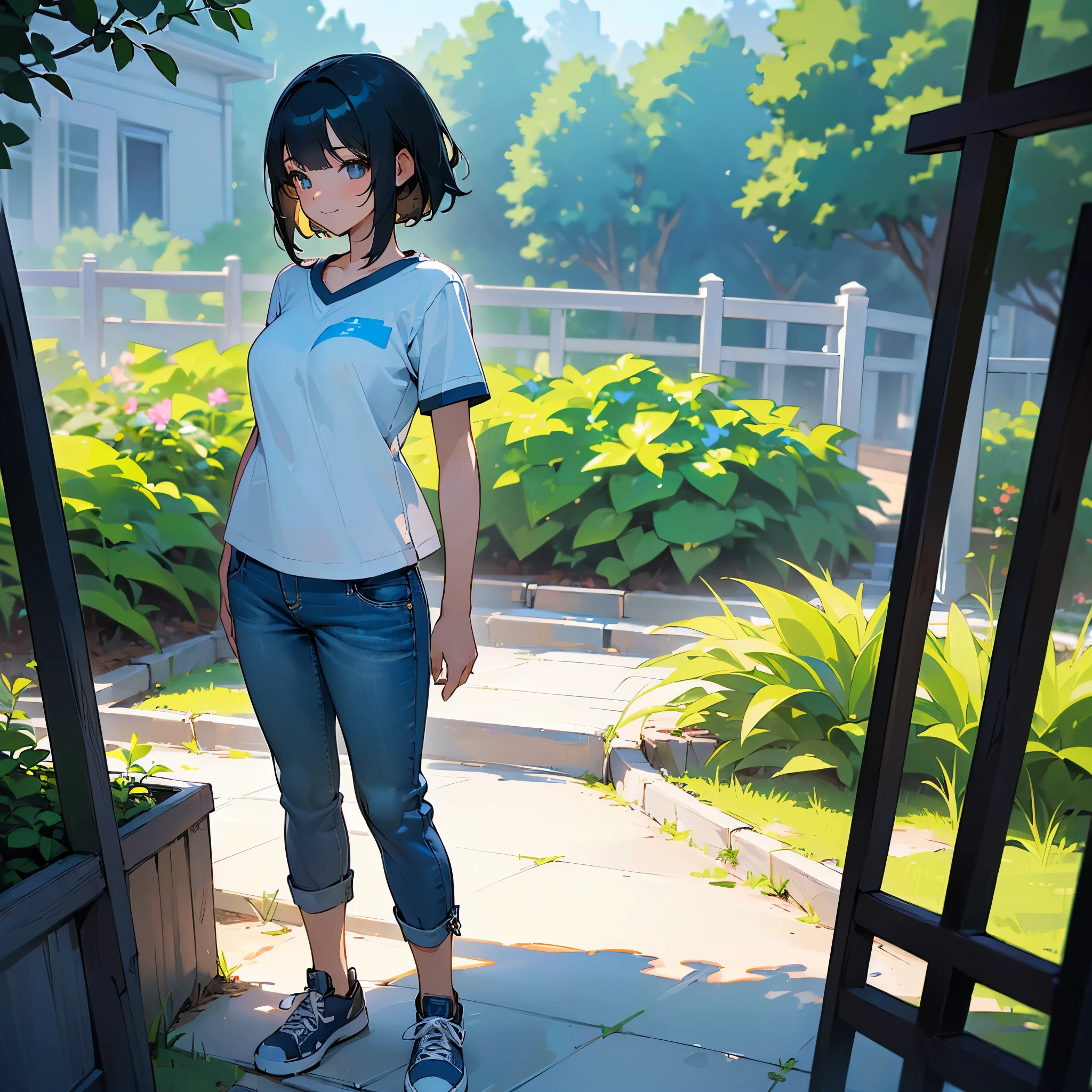 (high quality, High resolution, Very detailed, reality:1.37), Peaceful atmosphere, (Outdoor, garden), Teenage girl standing alone, (my breasts are big.), Beautiful details, Cute Smile, (Black bob hair), Short sleeve shirt, Denim pants, Blue socks, sneakers.