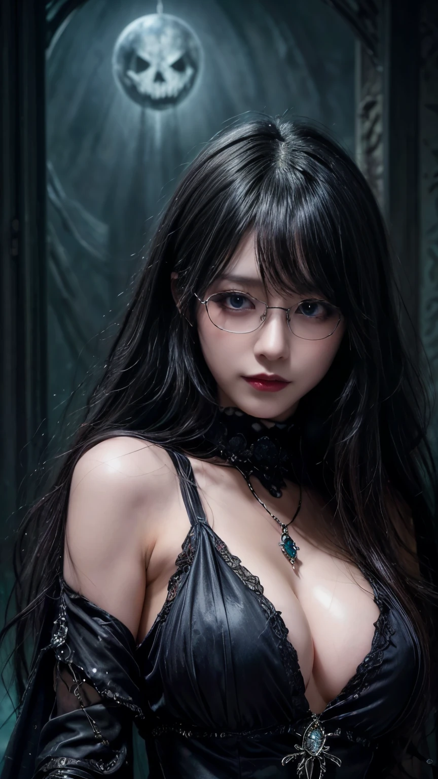 (highest quality,4K,8k,High resolution,masterpiece:1.2),Very detailed,(Realistic,photoRealistic,photo-Realistic:1.37), Close-up of a woman with dark hair and wearing a black dress, Dark Eyes,an ominous笑顔,((((Glasses))))、((((big sapphire necklace))))、Evil Aura,Burning Flames,Soul Corruption,Dark Shadows,an ominous雰囲気,Strange symbols,Cursed Land,Eternal Darkness,忘れられないare present,Intimidating person,Grotesque features,Horror Scene,twisted reality,Scary atmosphere,A wonderful work of art,Evil Unleashed,Supernatural horror,Spooky art,nightmare fuel,Terrifyingly clear,Abstract fear,Terrifyingly beautiful,masterpiece,Fear incarnate,Shadow Chaos,are present,to be born々Shii Darkness,in style of Dark Fantasy Art, Dark Fantasy Art, Beautiful and elegant queen of darkness, Dark Fantasy Art, fantasy dark art, Dark fantasy digital art, Gothic fantasy art, Gothic Dark Maiden, Detailed Texture,Spooky creatures,an ominous雰囲気,Mythical,Space horror,darkness,Mysterious,Dark aesthetic,Fog Background,Eyes of another world,Ancient Gods々々々, Powerful wizard, Mysterious森の中に立つ. Flowing robes decorated with symbols, Arms stretched out, Powerful,Tentacles,Pitch black blackness,Majestic,Unfathomable depth,nightmare,The are present of the universe,an ominousare present,seeping darknesss,Secrets of the Universe, (Spooky atmosphere), (((Dramatic Shadows), (Dynamic pose), ((Artistically expressed)), ((charm), (Gothic), (Mysterious Setting), (Moody color palette), (Skillfully drawn), (sense of unease), (Intricate details), (an ominous smile), (an ominous), (charm eyes), (Horror elements), (charm composition), (Impressive anatomy),(Striking contrast))), (Interesting character designs)、Dark Fantasy Portrait, Portrait of the Dark Goddess,