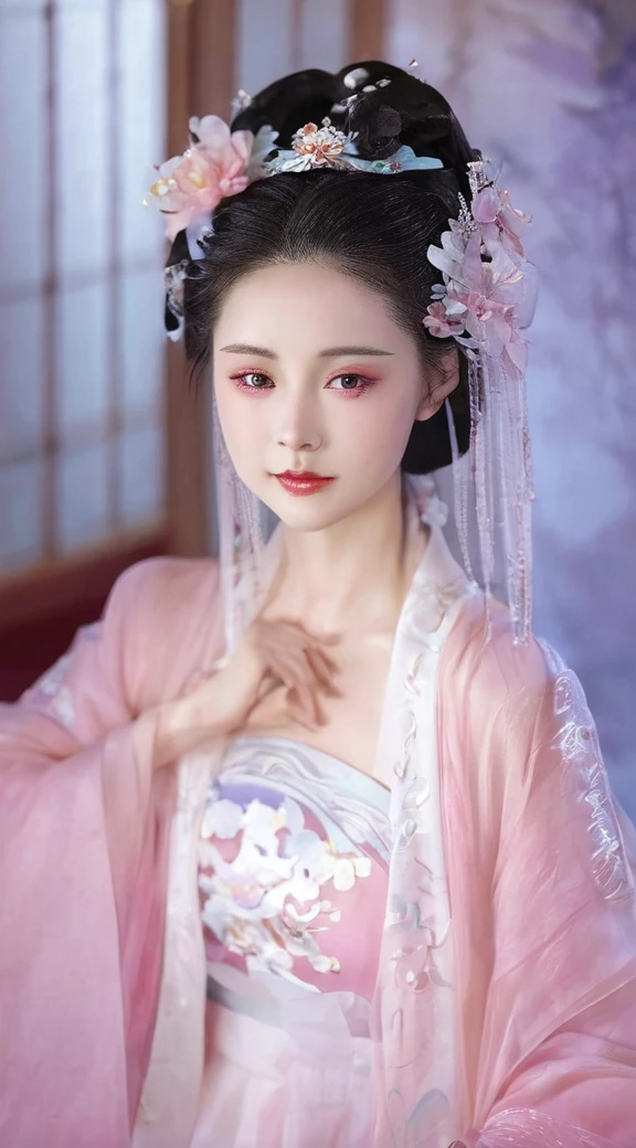 a close up of a woman wearing a pink dress and a tia, white hanfu, chinese style, hanfu, palace ， a girl in hanfu, ethereal beauty, traditional beauty, chinese princess, traditional chinese, a beautiful fantasy empress, Ghost Festival, xianxia fantasy, ((a beautiful fantasy empress)), ancient chinese princess, chinese girl
