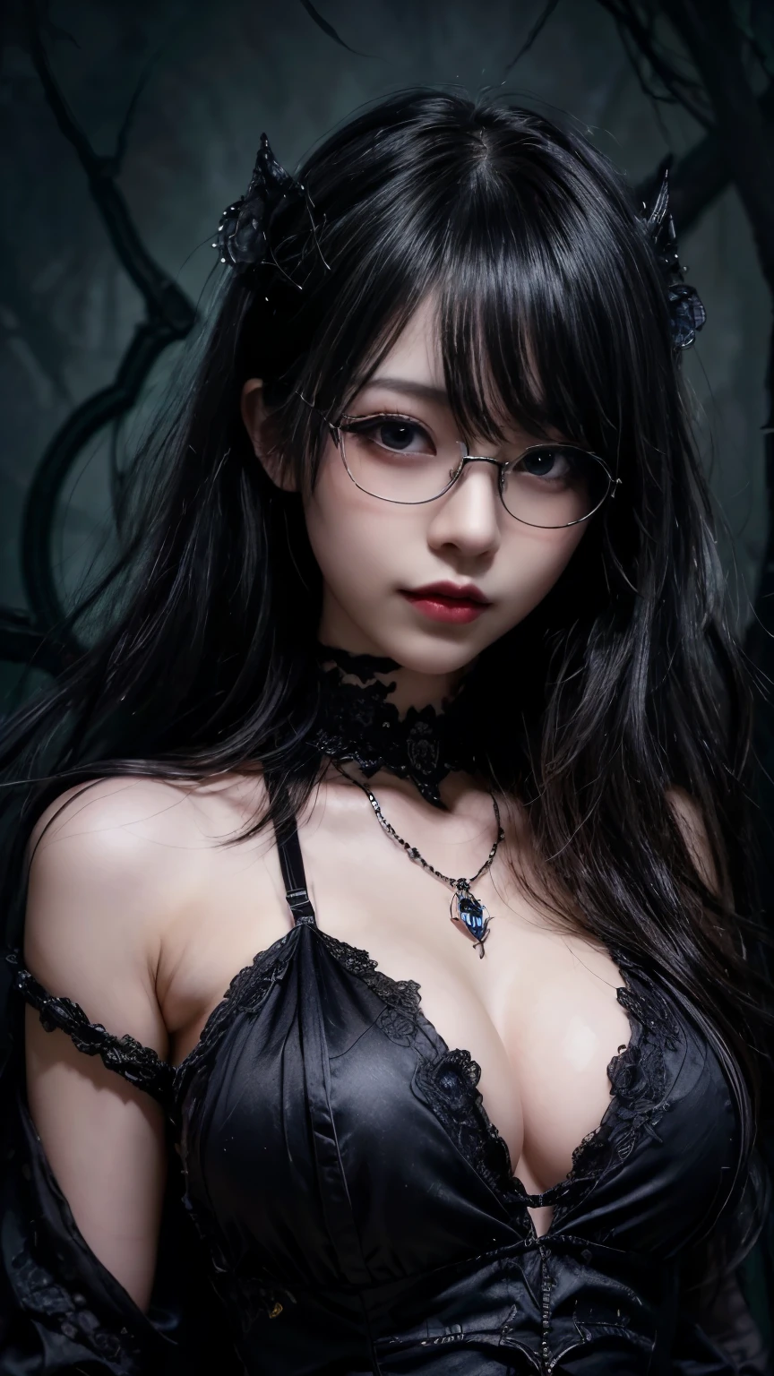 (highest quality,4K,8k,High resolution,masterpiece:1.2),Very detailed,(Realistic,photoRealistic,photo-Realistic:1.37), Close-up of a woman with dark hair and wearing a black dress, Dark Eyes,an ominous笑顔,((((Glasses))))、((((big sapphire necklace))))、Evil Aura,Burning Flames,Soul Corruption,Dark Shadows,an ominous雰囲気,Strange symbols,Cursed Land,Eternal Darkness,忘れられないare present,Intimidating person,Grotesque features,Horror Scene,twisted reality,Scary atmosphere,A wonderful work of art,Evil Unleashed,Supernatural horror,Spooky art,nightmare fuel,Terrifyingly clear,Abstract fear,Terrifyingly beautiful,masterpiece,Fear incarnate,Shadow Chaos,are present,to be born々Shii Darkness,in style of Dark Fantasy Art, Dark Fantasy Art, Beautiful and elegant queen of darkness, Dark Fantasy Art, fantasy dark art, Dark fantasy digital art, Gothic fantasy art, Gothic Dark Maiden, Detailed Texture,Spooky creatures,an ominous雰囲気,Mythical,Space horror,darkness,Mysterious,Dark aesthetic,Fog Background,Eyes of another world,Ancient Gods々々々, Powerful wizard, Mysterious森の中に立つ. Flowing robes decorated with symbols, Arms stretched out, Powerful,Tentacles,Pitch black blackness,Majestic,Unfathomable depth,nightmare,The are present of the universe,an ominousare present,seeping darknesss,Secrets of the Universe, (Spooky atmosphere), (((Dramatic Shadows), (Dynamic pose), ((Artistically expressed)), ((charm), (Gothic), (Mysterious Setting), (Moody color palette), (Skillfully drawn), (sense of unease), (Intricate details), (an ominous smile), (an ominous), (charm eyes), (Horror elements), (charm composition), (Impressive anatomy),(Striking contrast))), (Interesting character designs)、Dark Fantasy Portrait, Portrait of the Dark Goddess,