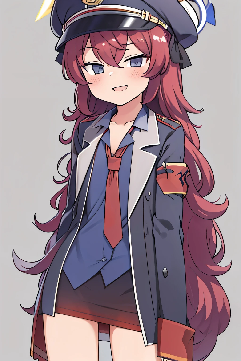 One girl, View Viewer, A Seductive Smile, Upper Body, Iroha,fluffy long hair, Halo, Black long suit,Black inner shirt(Oversized), "red"tie, Black shorts,Red hair,military cap,"Grey Eyes",Seductively narrowed eyes,Blue Archive