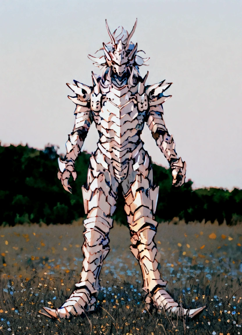 Arav man wearing silver clothing standing in the field, The whole body is covered with silver armor, white metallic armor, Dragon full plate armor, Japanese style armor, sharp silver armor, Dragon-shaped armor, Cyber Japanese Armor, Guyville style, white metal neocubism armor, alien armor, humanoid form, Dragon Robot, Porcelain armor