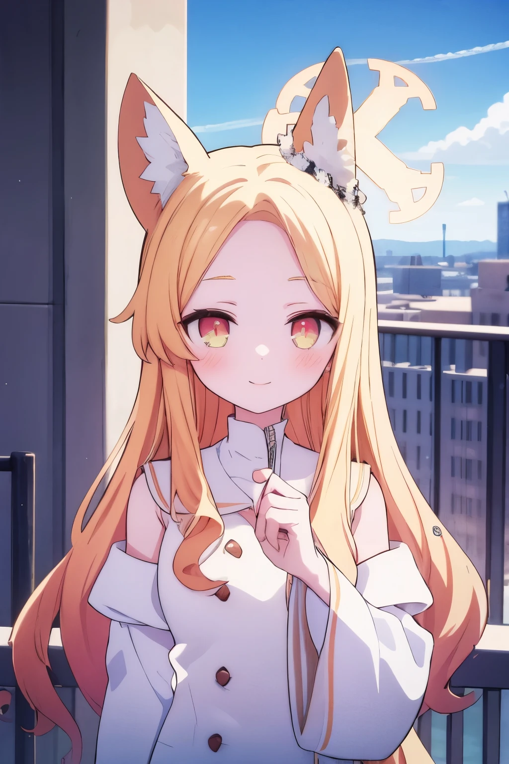 One girl,View Viewer,A Seductive Smile, Upper Body,Oversized sleeves,Balcony,fluffy long hair,Halo, Blonde,Fox ears,Blue Archive