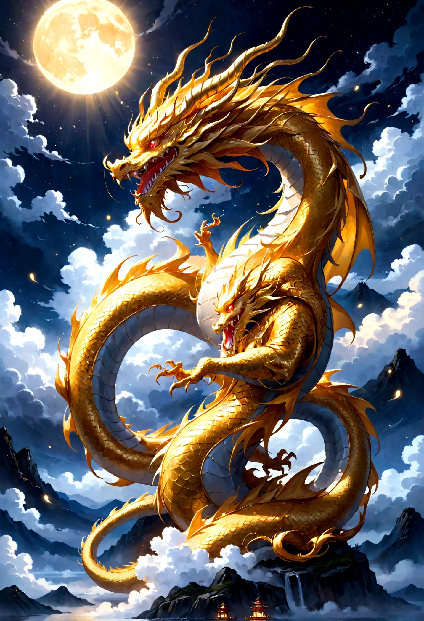 Golden dragon, the descent of a dragon god, gentle gaze, fantastic background, moonlight background, sea of clouds background, golden splashes, mysterious, divine light, mythical creature, traditional Chinese dragon, myth, speckled light, hazy haze, mysterious aura, masterpiece, fantastic, elegant dragon, good fortune, fantasy art