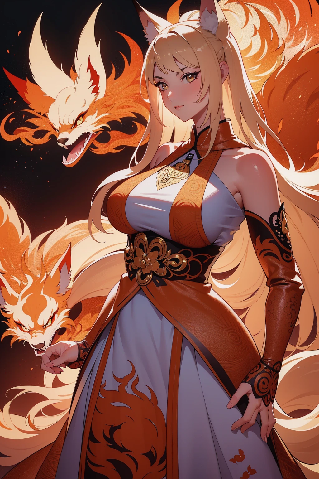 REALISTIC VISION 1.4, BETTER VAE,sharp focus, ultra detail, 32k,realistic photo, intricate details, kitsune, blond hair, (blond hair), gold eyes, intricate details ,woman, nine tails, intricate details,intricate details,big , Voluptuous body, intricate details, Miko, clothes long white dress with red details intricate details, tattoos intricate details, full body,  with a orange nine tails fox , kiuubi (kurama, naruto), angry face, 