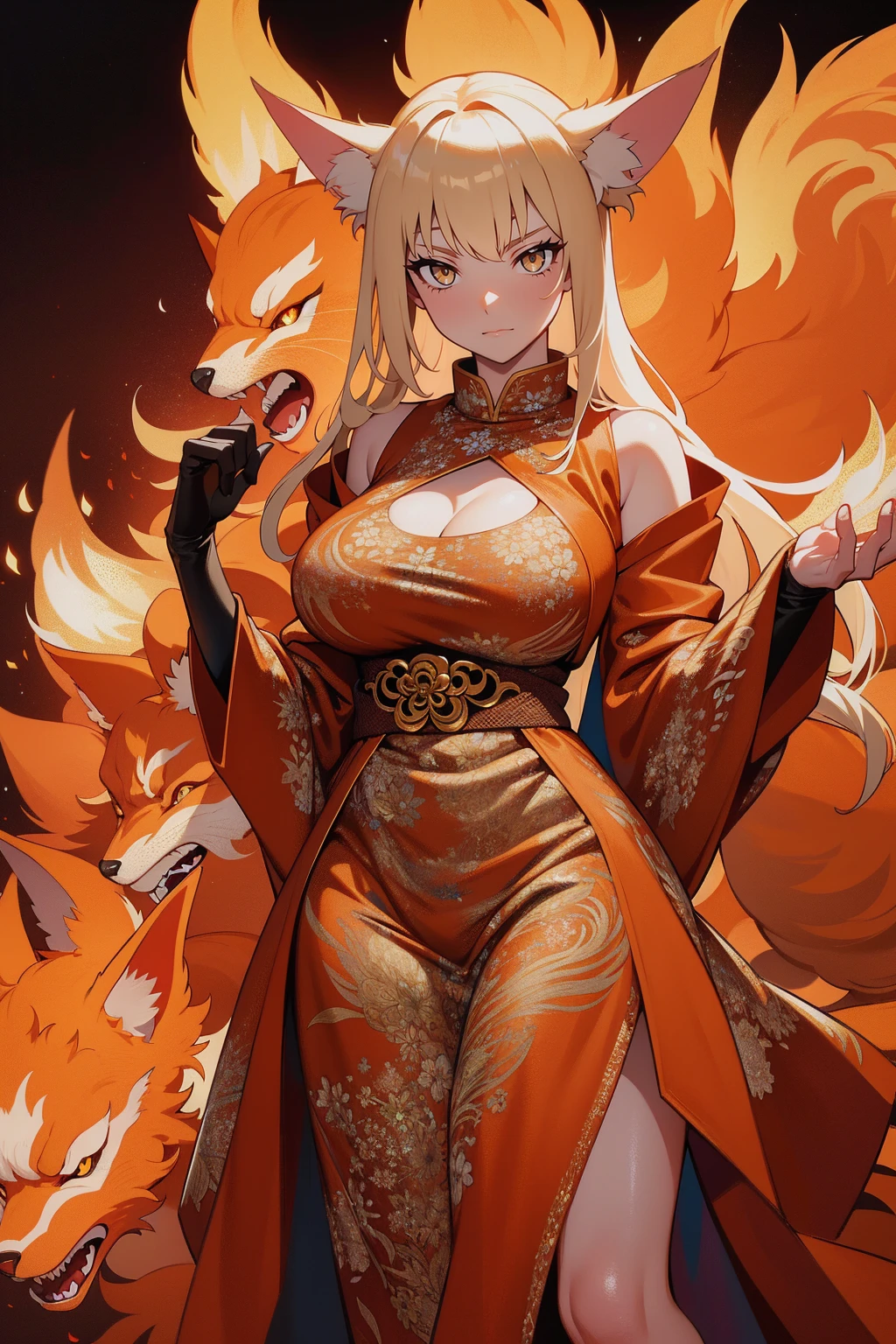 REALISTIC VISION 1.4, BETTER VAE,sharp focus, ultra detail, 32k,realistic photo, intricate details, kitsune, blond hair, (blond hair), gold eyes, intricate details ,woman, nine tails, intricate details,intricate details,big , Voluptuous body, intricate details, Miko, clothes long white dress with red details intricate details, tattoos intricate details, full body,  with a orange nine tails fox , kiuubi (kurama, naruto), angry face, 