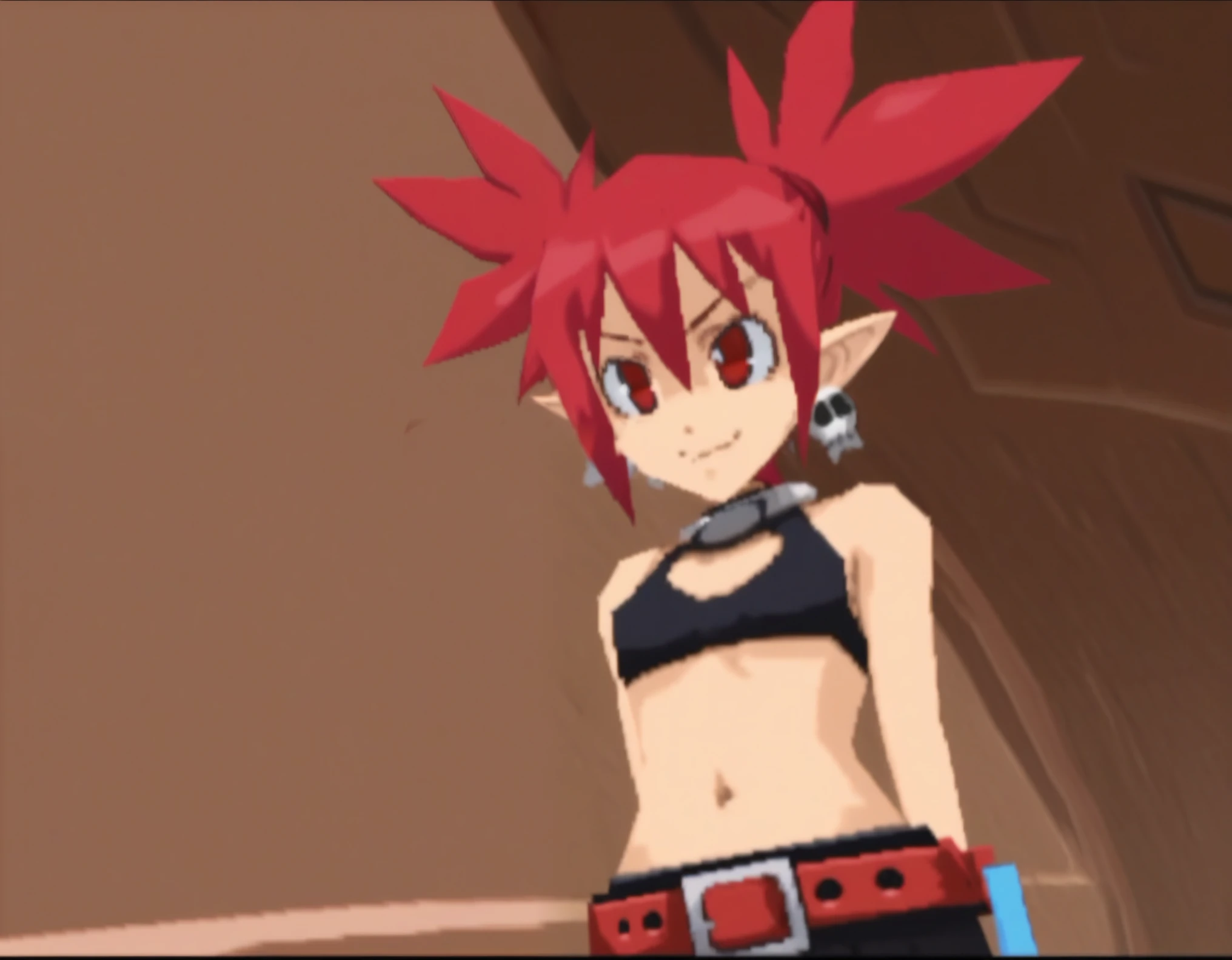 rcklgnd, zPDXL, score_9, score_8_up, score_7_up, source_anime, blocky, low poly, 3d graphics,dithering, grainy,1997 3D graphics,grainy,bloom,crt,scanlines,cel-shaded, crt scanlines,1girl,etna \(disgaea\), red hair, red eyes,black bikini,cave,arched back,etna (disgaea), black mini skirt, cowboy shot, dutch angle, smug, looking at viewer, arms behind back,