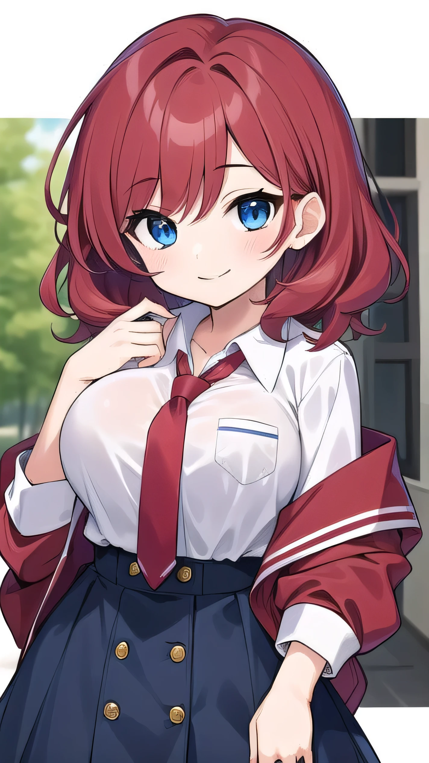 Big breasts, red hair, blue eyes, droopy eyes, red jacket, long sleeves, navy skirt, elementary school student, super big breasts, (medium hair: 1.2), baggy clothes, elementary school student, young face, short height, 10 years old,  shy , smiling a little, trying to open the buttons of his shirt, white shirt, red tie，straight hair