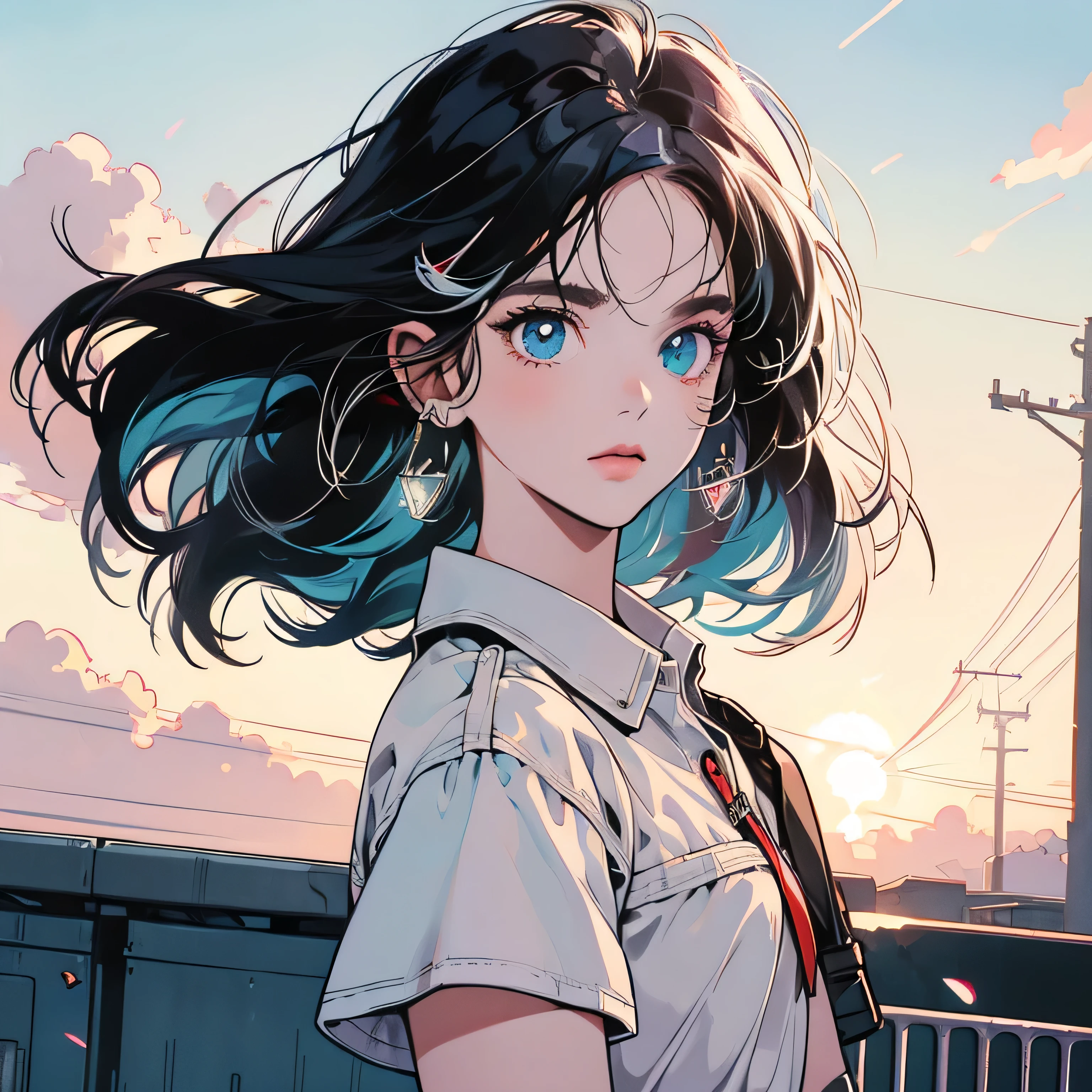 upper body, 1 woman, top quality, 8K, wind blowing, white short sleeves, sunset, future city, skyscraper, power lines, crosswalk, sign, railroad tracks, train station, (((shining eyes))), (((strong gaze))), black hair, detailed hair, complex background, detailed details, light lighting, backlight, dim, clouds in sky, Front,(((heterochromia)))