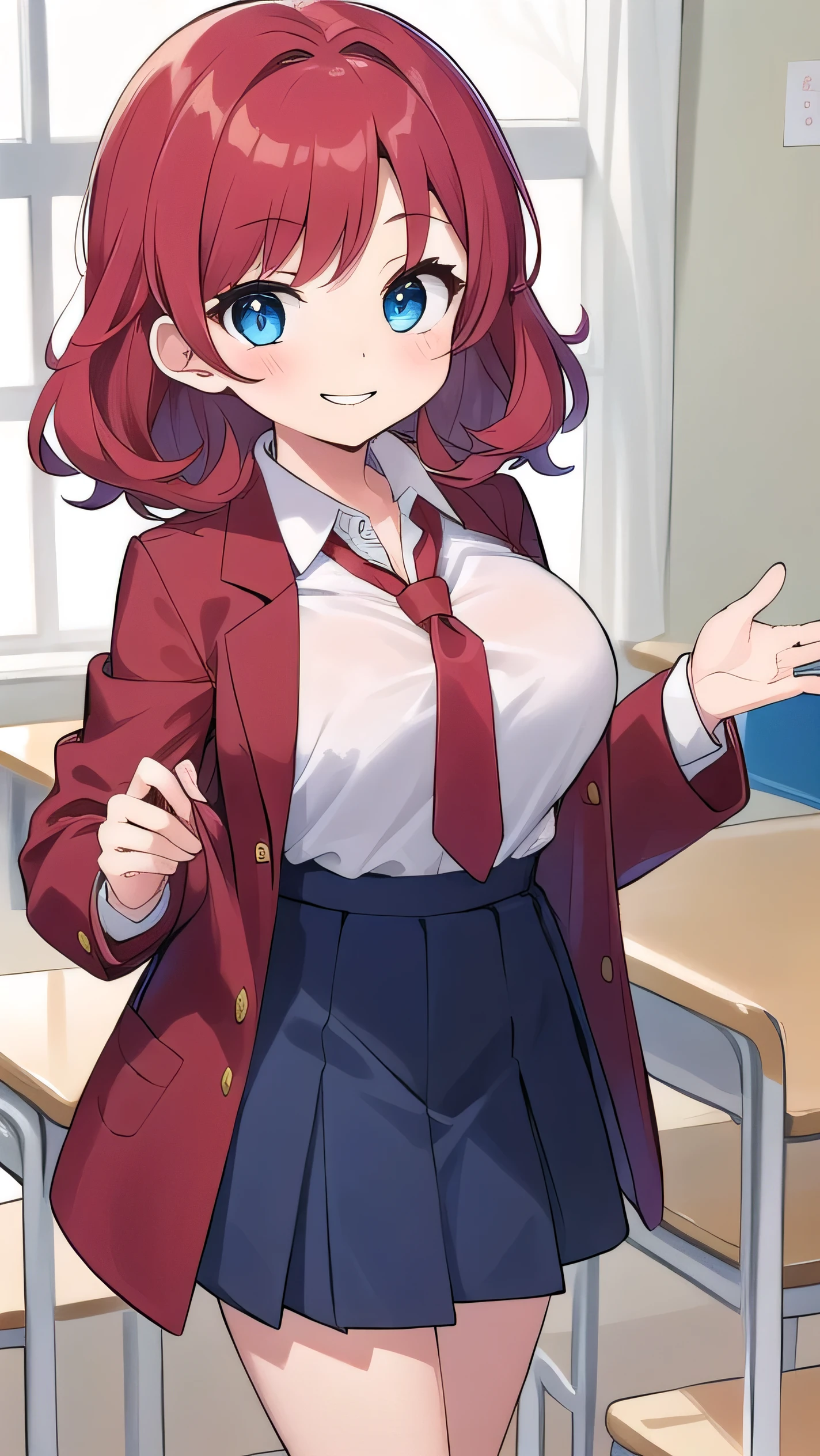 Big breasts, red hair, blue eyes, droopy eyes, red jacket, long sleeves, navy skirt, , super big breasts, (medium hair: 1.2), baggy clothes, elementary school studentt, 10 years old,  shy , smiling a little, trying to oons of his shirt, white shirt, red tie，straight hair