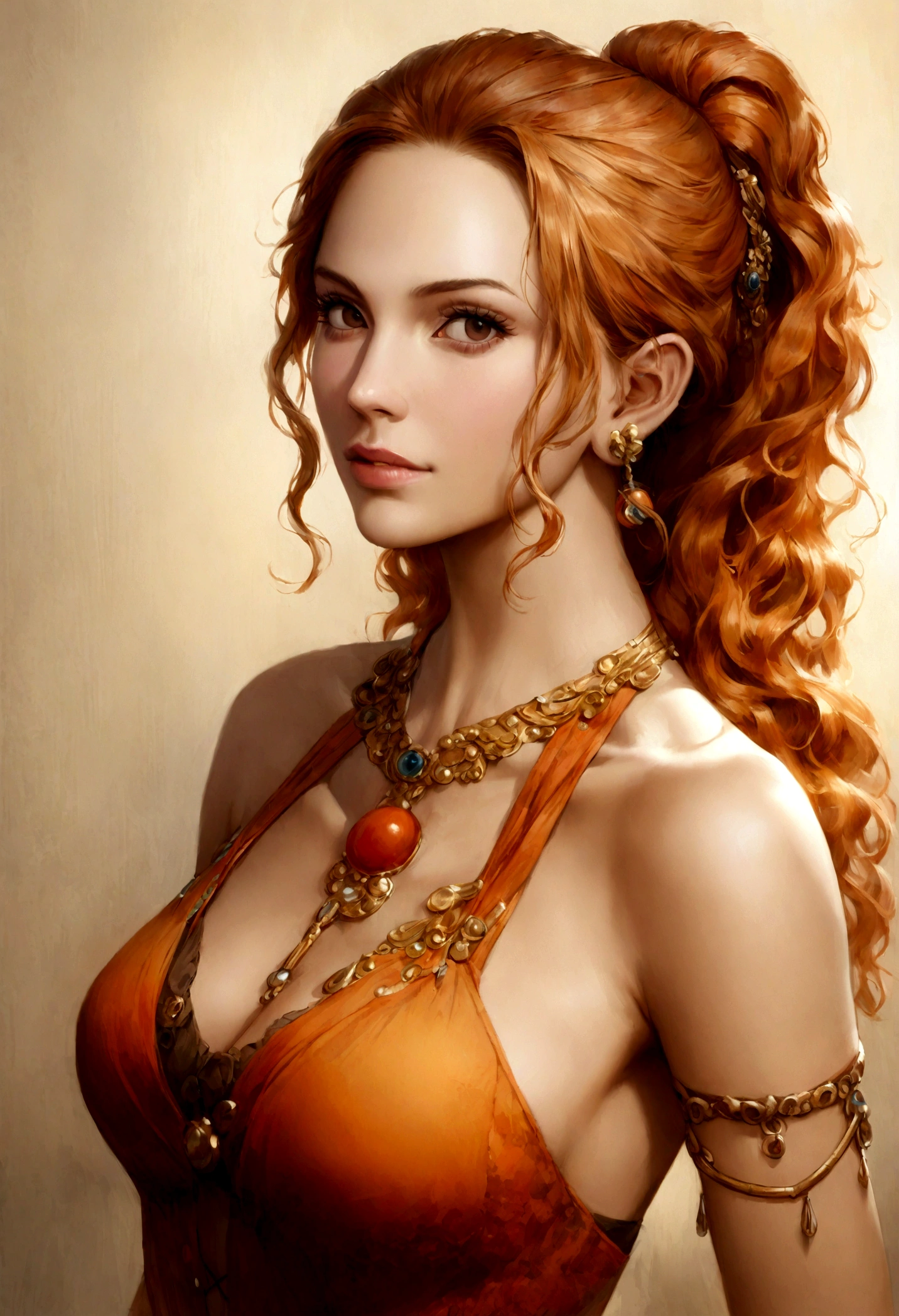 Greek goddess Aphrodite, beautiful blonde woman, wearing a long gala event dress, curly red hair, green eyes, scarlet red dress, 8k, Greece, ultra realistic, cinematic --auto --s2