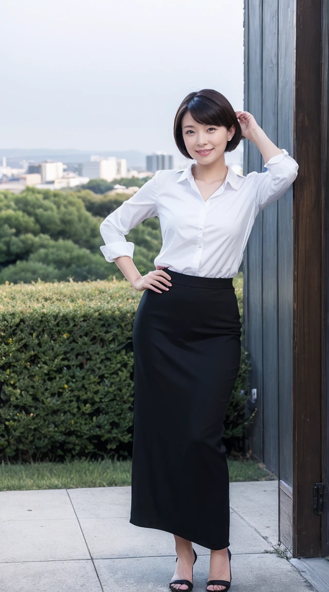 become close,Sharp lines,highest quality, masterpiece、top of the hill、Sunset、Canon Photo Crystal Clear ,(Realistically:1.2), (Business Blouse、Business Skirt)、Action pose、Take a full body photo、smile、Gorgeous appearance、Bobcut