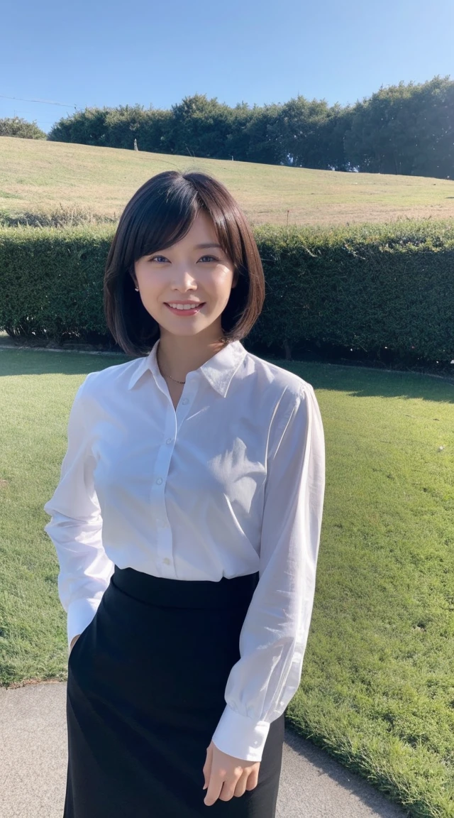 become close,Sharp lines,highest quality, masterpiece、top of the hill、Sunset、Canon Photo Crystal Clear ,（Realistically:1.2）, (Business Blouse、Business Skirt)、Action pose、Take a full body photo、smile、Gorgeous appearance、Bobcut