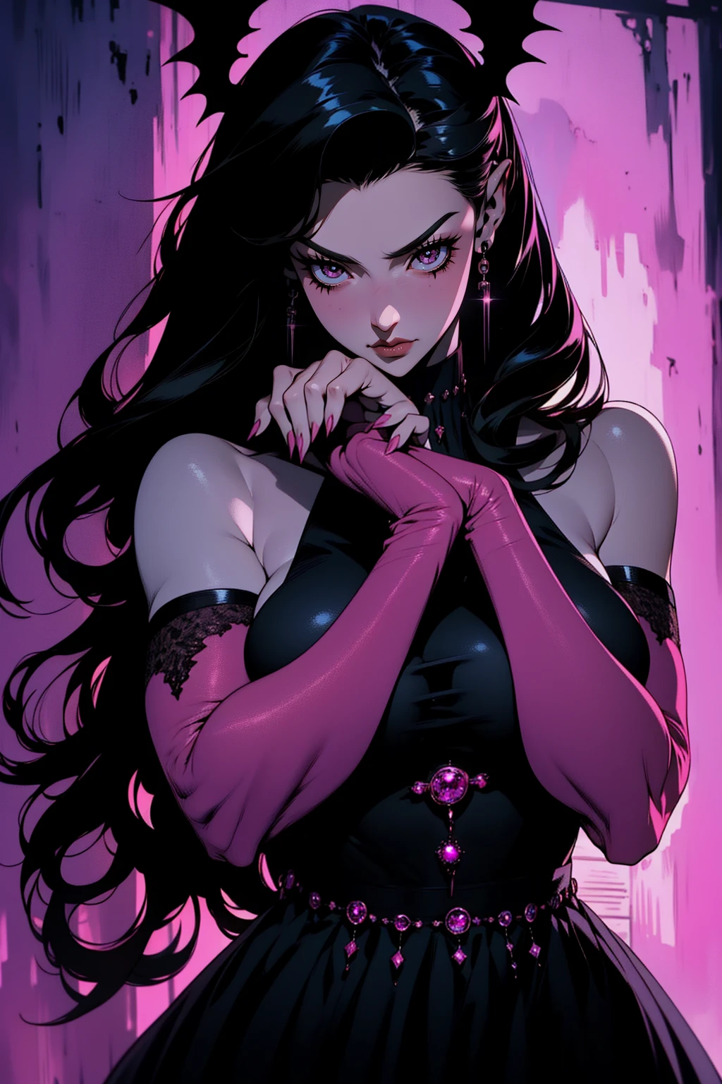 {-erro_de_anatomia:1.0} (best quality,4k,8k,highres,masterpiece:1.2) (masterpiece, top quality, best quality, official art, beautiful and aesthetic: 1.2), (1 woman: 1.3) Succubus girl, long black hair , magenta eyes, (crystal eyes) succubus wings, magenta pant, magenta gloves, attractive, moonlight, dinamic poses, perfect hands (perfect fingers), angry face, dinamicc poses