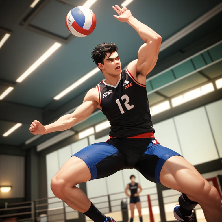 a professional male volleyball player, black hair, muscular athletic body, jumping to spike the ball, intense expression, dynamic action pose, court setting, sports equipment, high quality, detailed 3d render, photorealistic, hyperrealistic, cinematic lighting, vibrant colors