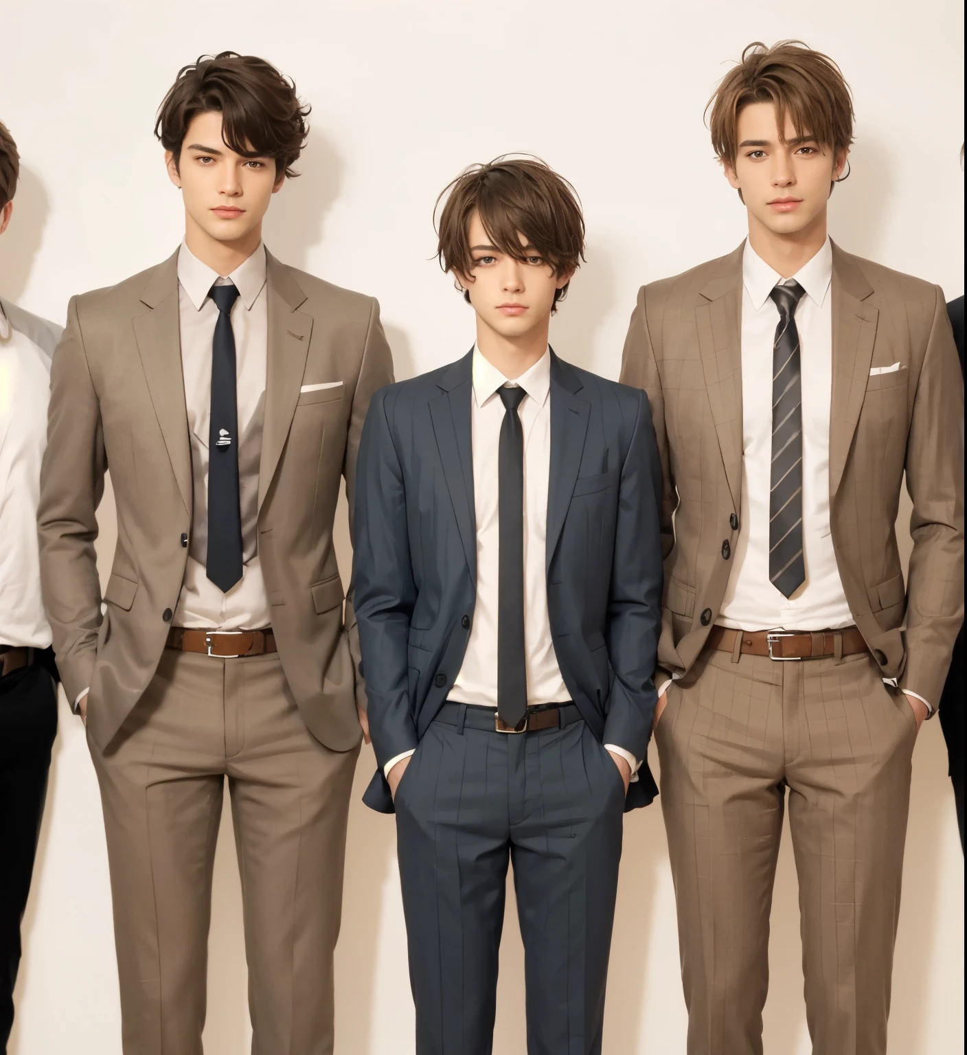 three handsome guy ,standing, full body Ultra-realistic detailed rendering, wearing a gray orange mine clothing , with his whole body visible, straight short hair,standing beside the tree, and with a tree behind him, and with a little light