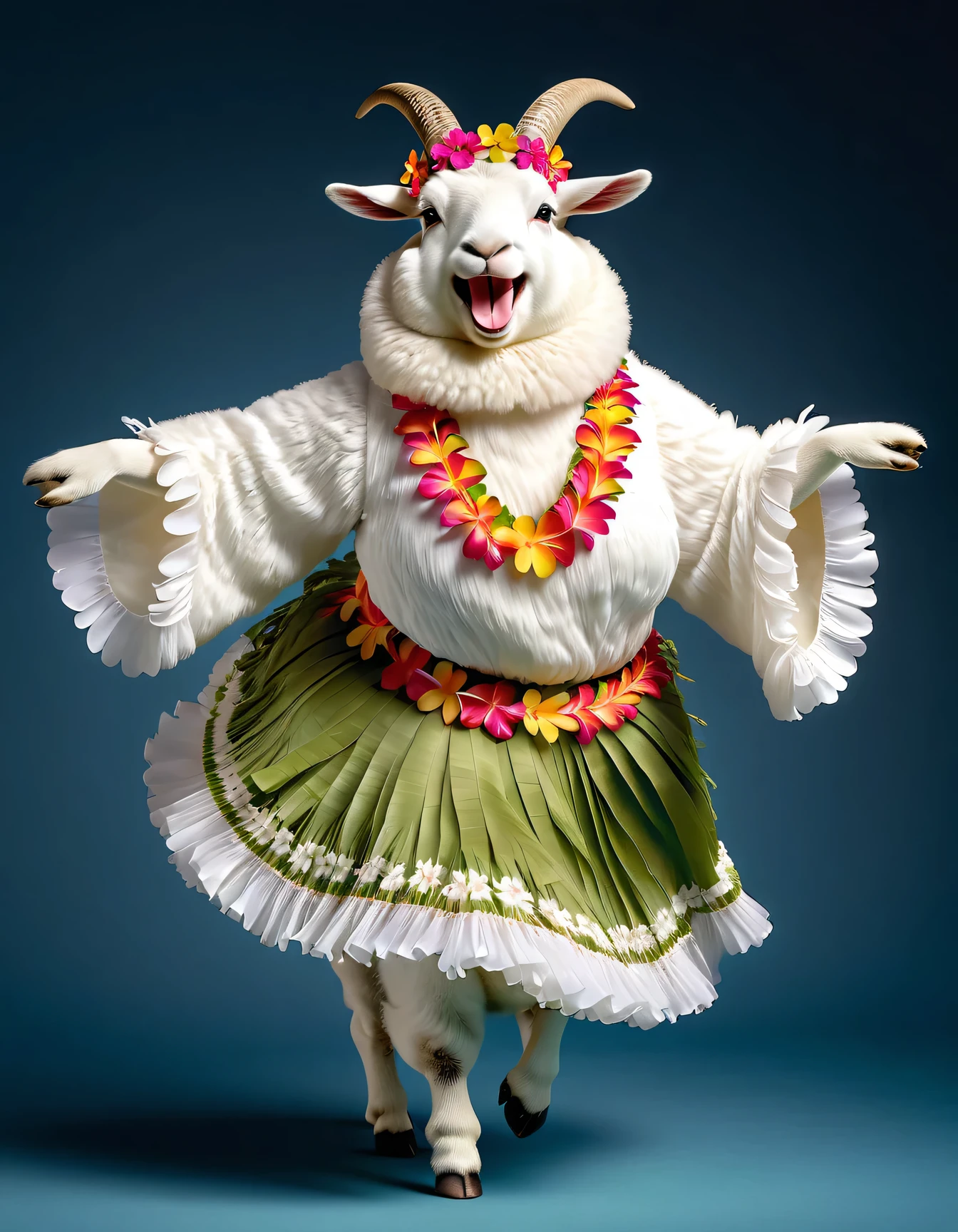 photorealistic portrait of Dressed animals - a ((fat)) ((angora goat)) hula dancer,(hula dancing:2.0), (swinging arms :2.0),(happy smile:1.2),high quality,(happy),(lovely) ,intricate details, [natural toad skin texture], highly detailed ((female hula dance costume)) ,highly detailed decorations, wearing (bikini) aloha shirts and flower lei , (happy), studio lighting,(full body image:1.5),simple background,(viewed from side:2.0),(perfect hands)