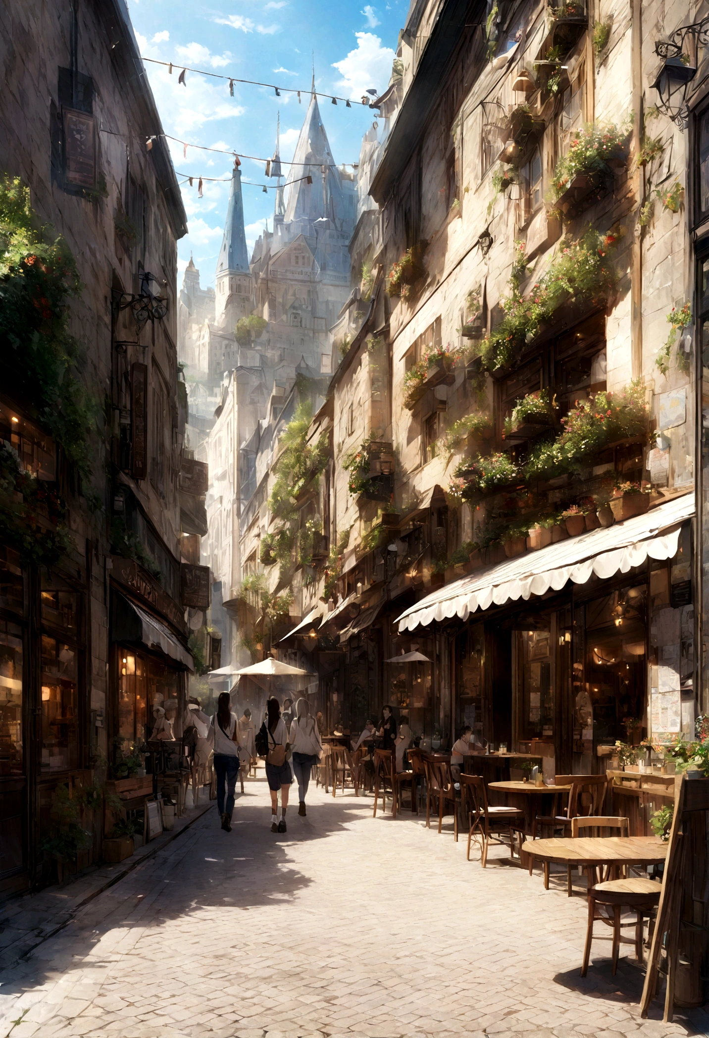 Anime Street View，Photos of the café, sunny, architecture, Busy Street, Ultra-high quality, Extremely detailed