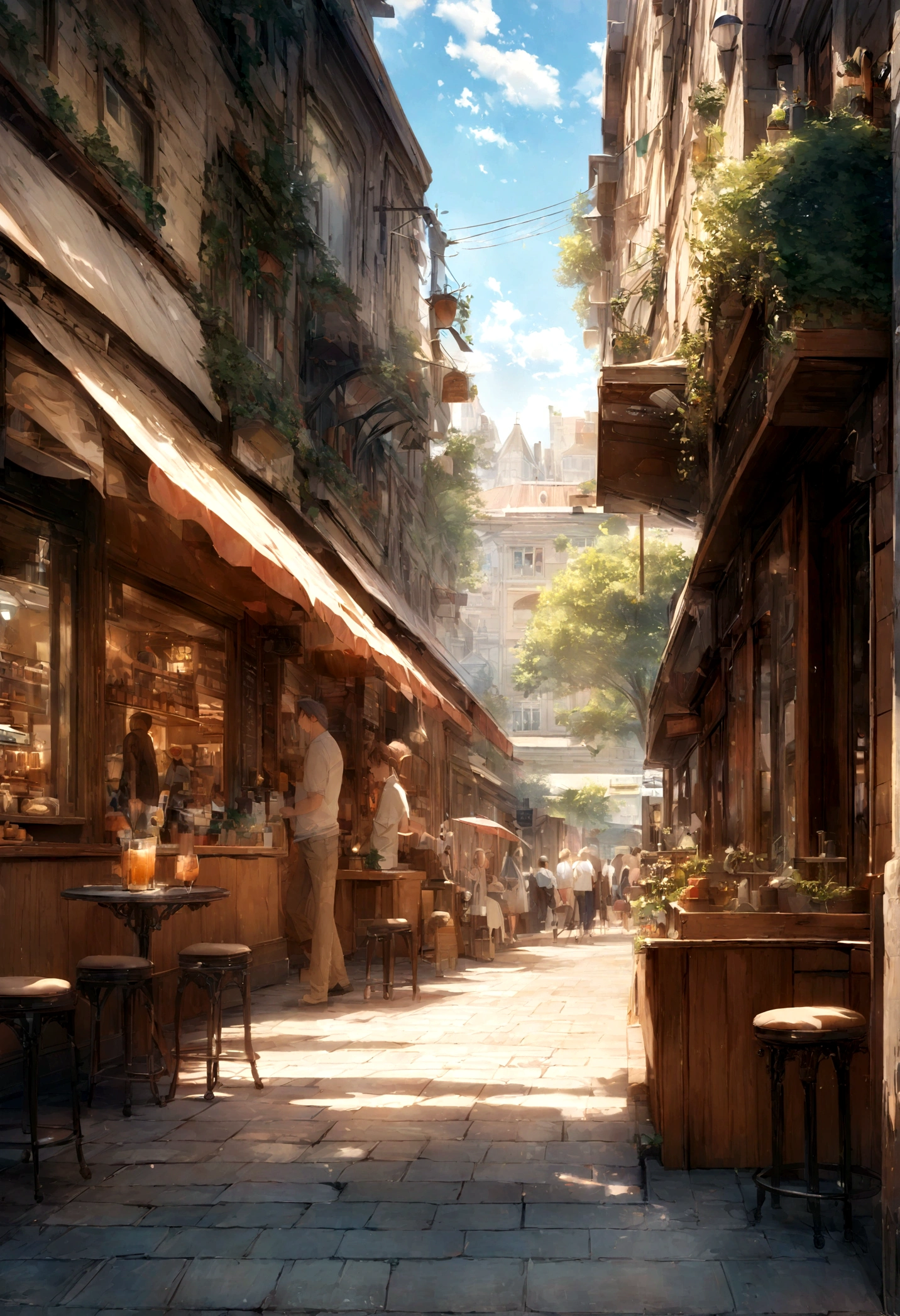 Anime Street View，Photos of the café, sunny, architecture, Busy Street, Ultra-high quality, Extremely detailed