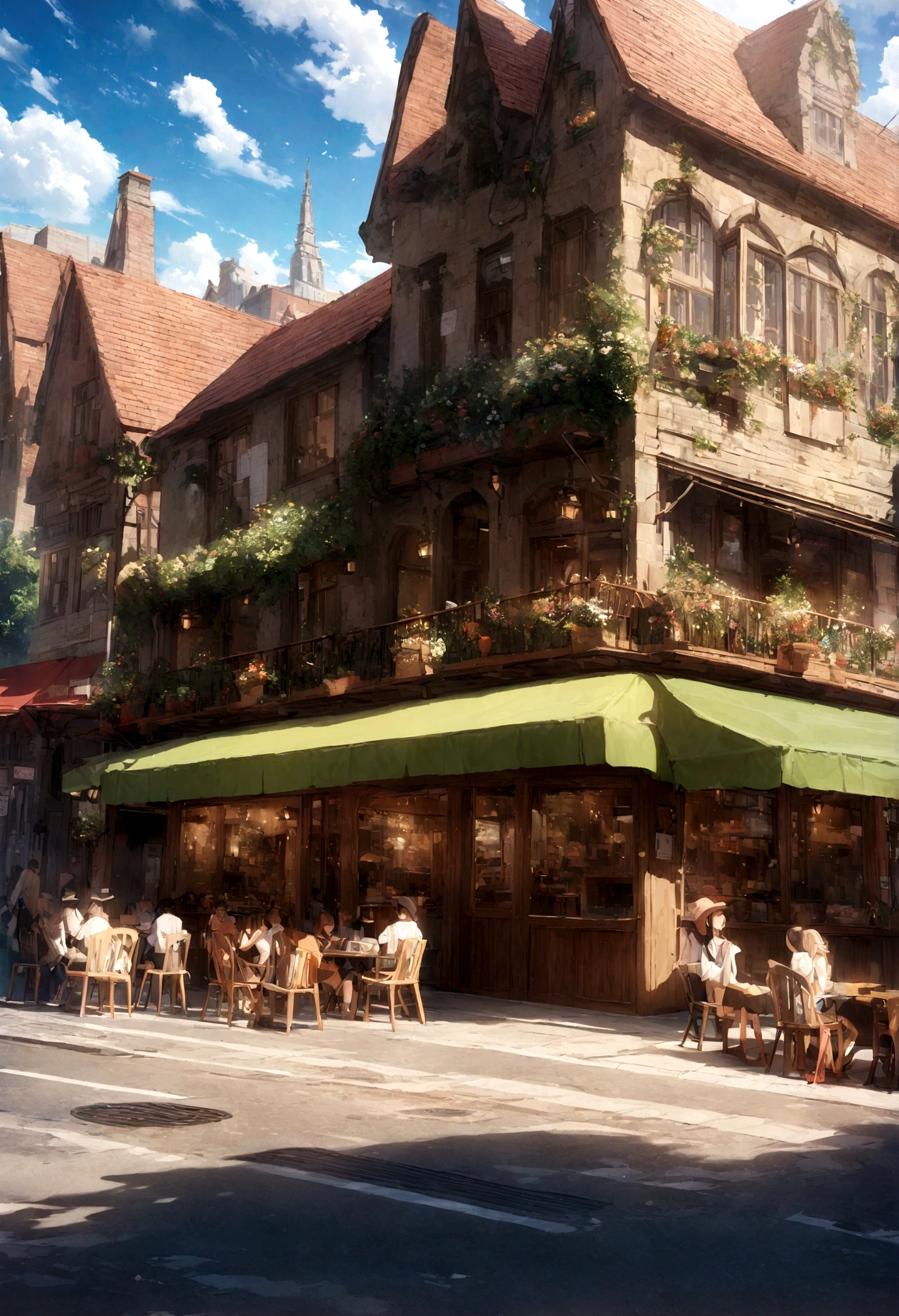 Anime Street View,Photos of the café, sunny, architecture, Busy Street, Ultra-high quality, Extremely detailed