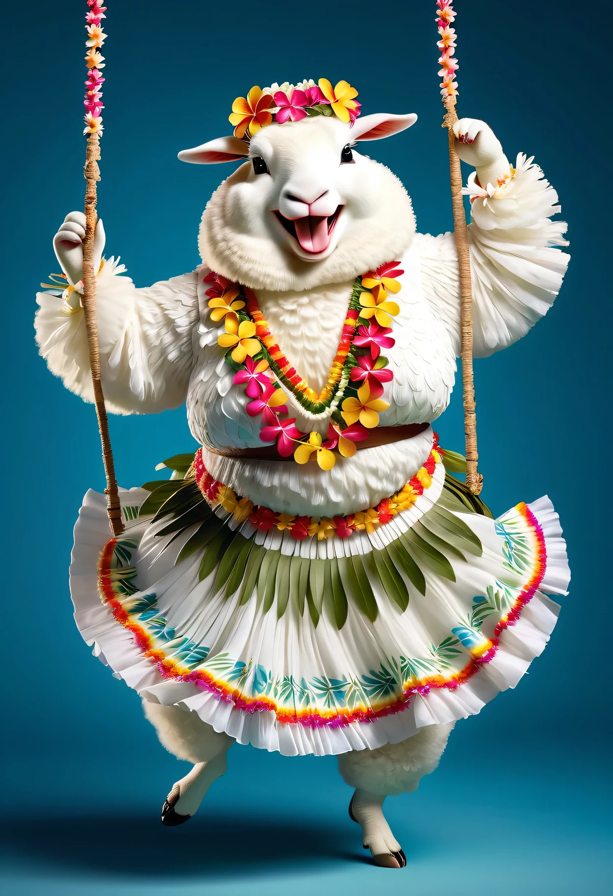 photorealistic portrait of Dressed animals - a ((fat)) kangaroo hula dancer,(hula dancing:2.0), (swinging arms :2.0),(happy smile:1.2),high quality,(happy),(lovely) ,intricate details, (), highly detailed (( hula dancer's costume)) ,highly detailed decorations, wearing ((bikini top)) and flower lei , (happy), studio lighting,(full body image:1.5),simple background,(viewed from side:2.0),