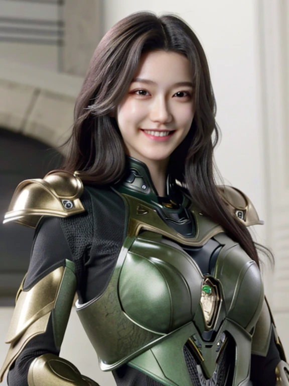 Armoured girl, realistic, long hair, green robotics, smile,