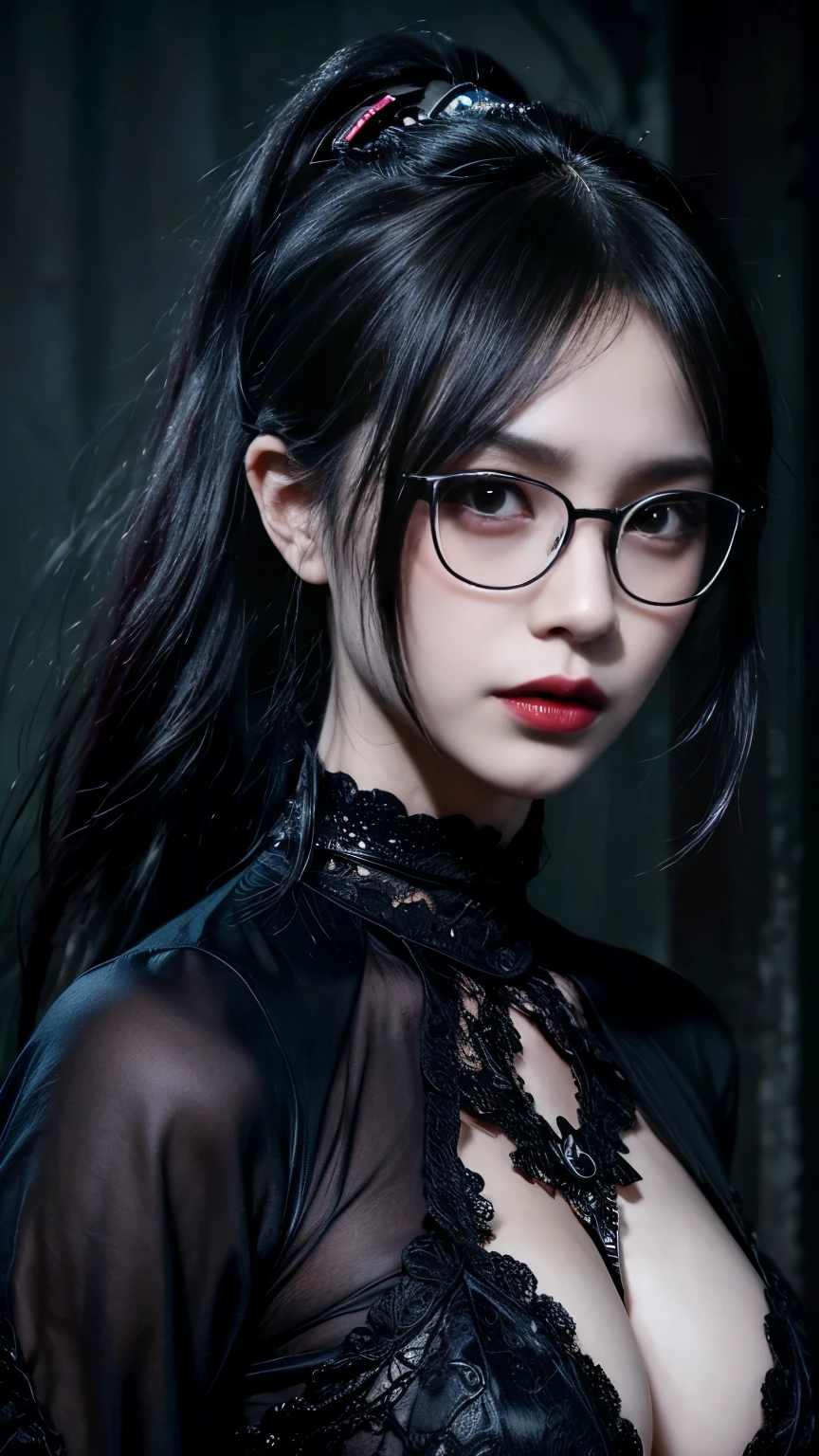 (highest quality,4K,8k,High resolution,masterpiece:1.2),Very detailed,(Realistic,photoRealistic,photo-Realistic:1.37), Close-up of a woman with dark hair and wearing a black dress, 20-year-old woman、(ponytail:1.3)、((((Glasses))))、Dark Theme、Calm colors調、Calm colors、High Contrast、(Natural skin texture、Hyperrealism、Soft Light、sharp)、(Masseter region:1.3)、Beautiful expression、(A vivid face)、Beautiful Hairstyles、Realistic eyes、Beautiful details、（Realistic Skin）、Beautiful skins、（black lace bodysuit）、Absurd、Golden Ratio、Center of chest、Supermodel、Dark Eyes,an  ominous笑顔,Evil Aura,Burning Flames,Soul Corruption,Dark Shadows,an  ominous雰囲気,Strange symbols,Cursed Land,Eternal Darkness,An unforgettable presence,Grotesque features,Horror Scene,nightmare to be born kimono,twisted reality,Scary atmosphere,A wonderful work of art,Evil Unleashed,Supernatural horror,Spooky art,nightmare fuel,Terrifyingly clear,Abstract fear,Terrifyingly beautiful,A devilish masterpiece,Fear incarnate,Shadow Chaos,A devilish existence,to be born々Shii Darkness,in style of Dark Fantasy Art, Dark Fantasy Art, 美しく優雅なdevilの女王, Dark Fantasy Art, fantasy dark art, Dark fantasy digital art, Gothic fantasy art, Gothic Dark Maiden, Detailed Texture,Spooky creatures,an  ominous雰囲気,Mythical,Space horror,darkness,Mysterious,Dark aesthetic,Fog Background,Eyes of another world,Ancient Gods々, Powerful wizard, Mysterious森の中に立つ. Flowing robes decorated with symbols, Arms stretched out, Powerful,Tentacles,Pitch black blackness,Majestic,Unfathomable depth,nightmare,The existence of the universe,an  ominous存在,seeping darknesss,Secrets of the Universe,that&#39;terrible,that (Spooky atmosphere), (Cartoon-like atmosphere),(granular), (Dramatic Shadows), (Dynamic pose), ((Artistically expressed)), ((attractive), (Gothic), (Mysterious Setting), (Moody color palette), (Skillfully drawn), (sense of unease), (Intricate details), (an  ominous smile), (an  ominous), (attractive eyes), (Horror elements), (attractive composition), (Impressive anatomy),(Striking contrast)), (Exquisite craftsmanship), (Interesting character designs)、Dark Fantasy Portrait, Portrait of the Dark Goddess, Satan Girl,devil,